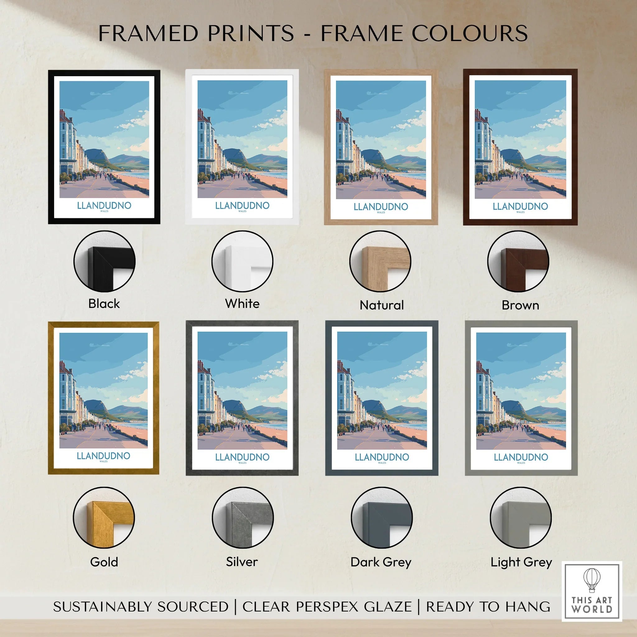Llandudno travel poster framed print, eight frame colour options, coastal wall art