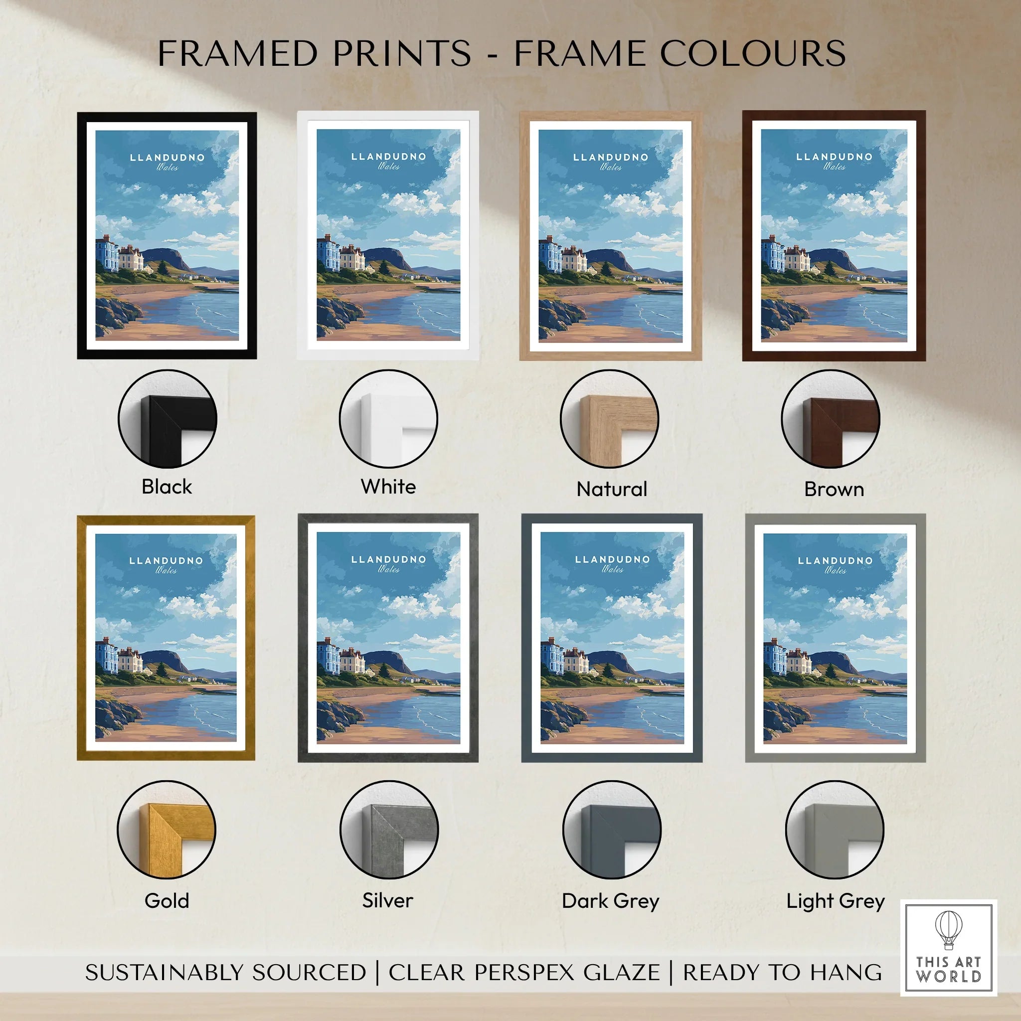 Llandudno travel poster framed print shown in 8 frame colors, beach and seaside art.