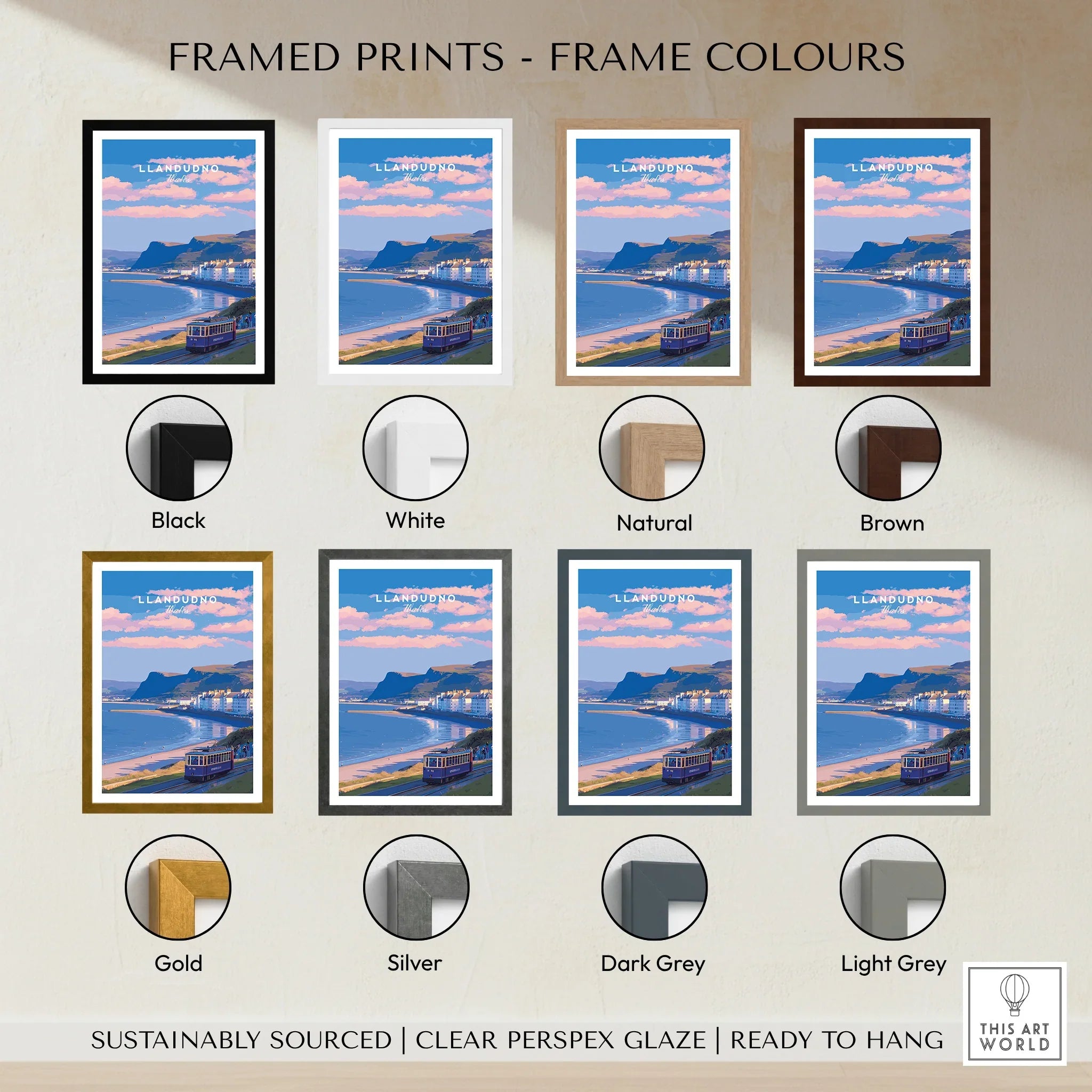 Llandudno travel poster print shown in eight frame color options including black, white, natural, brown, gold, silver, dark grey, and light grey.