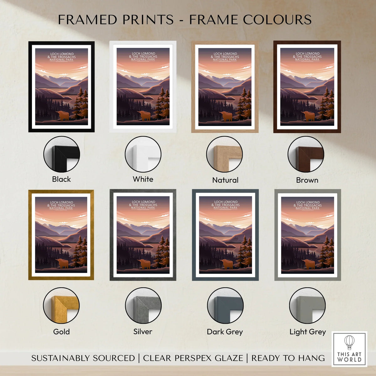 Loch Lomond National Park travel poster in eight frame colour options, mountain landscape art