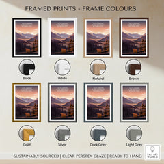 Loch Lomond National Park travel poster in eight frame colour options, mountain landscape art
