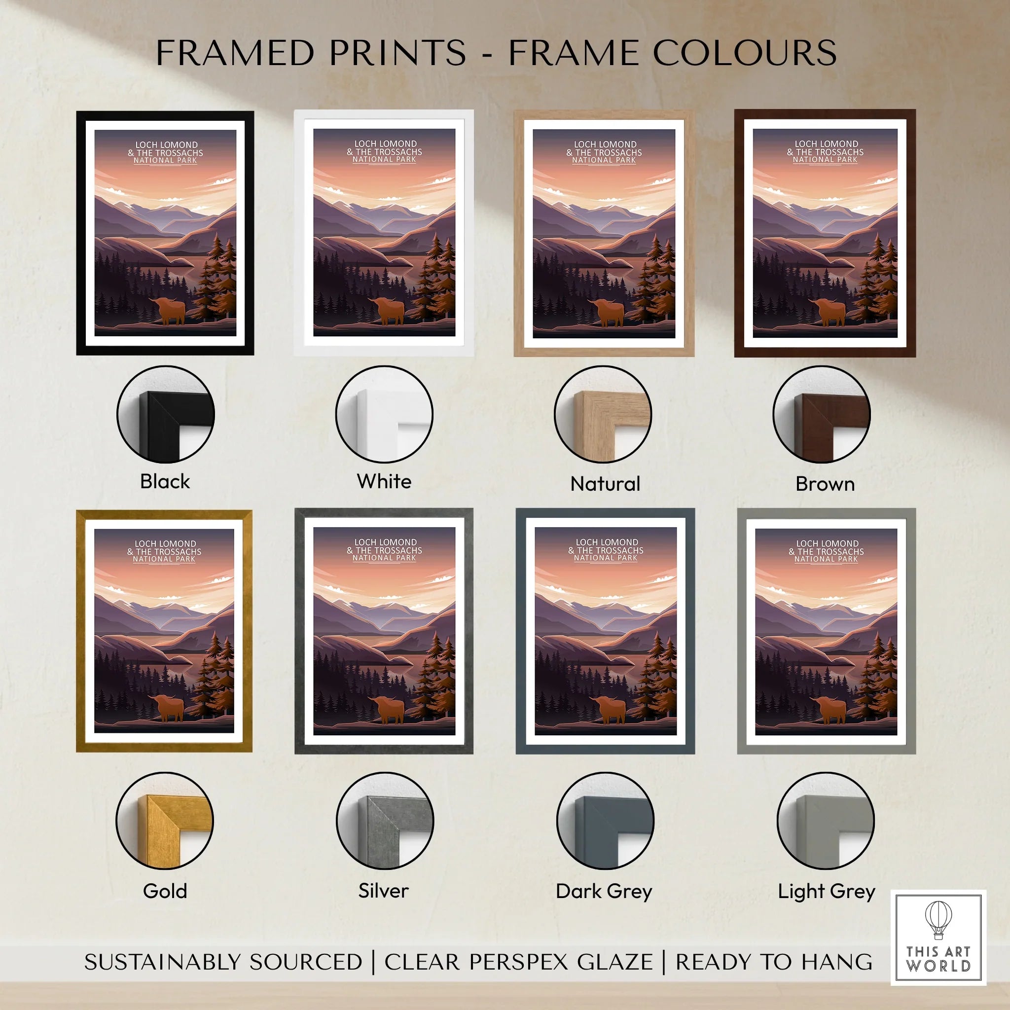 Loch Lomond National Park travel poster in eight frame colour options, mountain landscape art