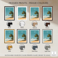 Lomé Togo Travel Posters | West African Beach & Palms Wall Art Print framed print color options displayed.