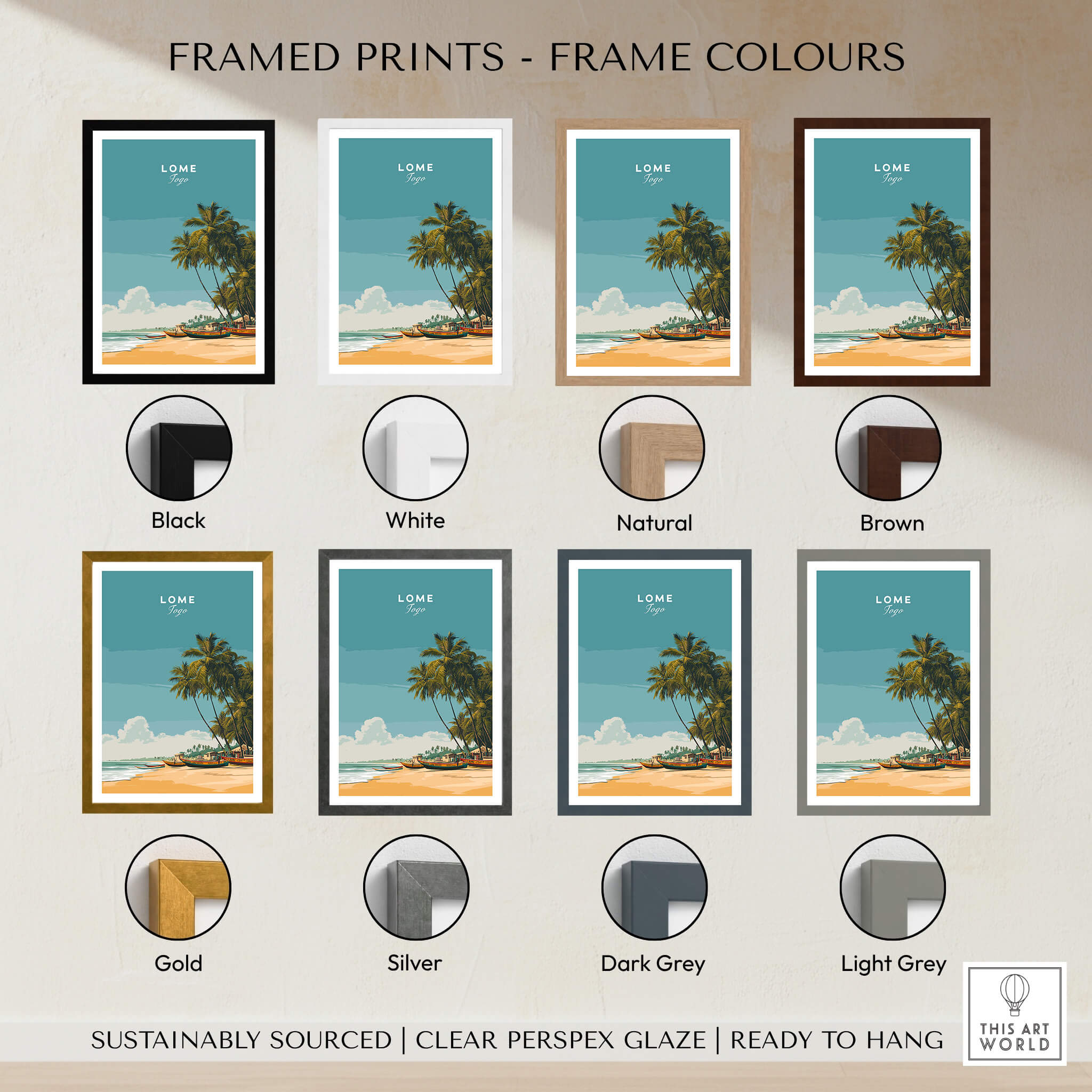 Lomé Togo Travel Posters | West African Beach & Palms Wall Art Print framed print color options displayed.