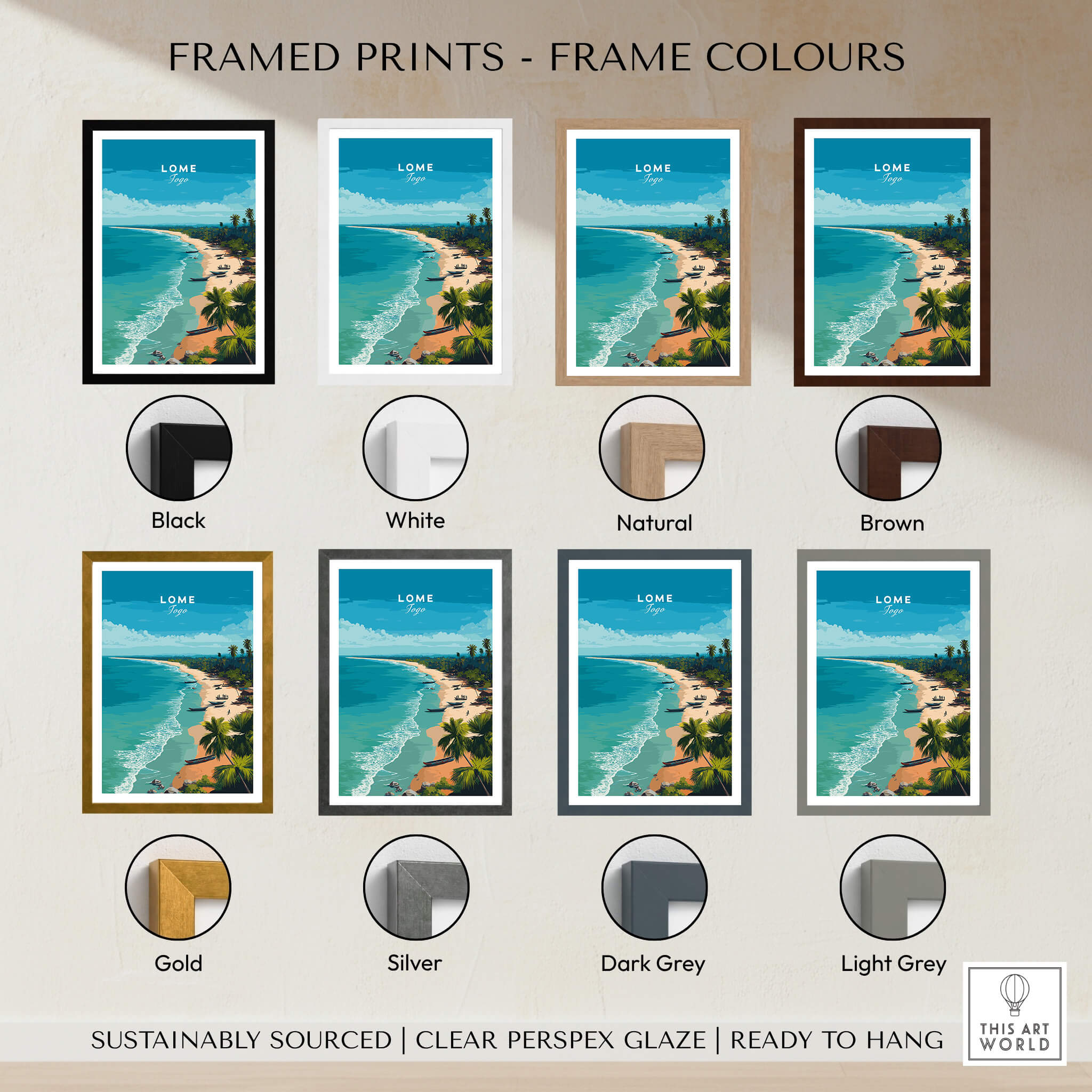 Lomé Togo Wall Art Print | Tropical Beach Travel Poster framed print options in various colors including black, white, natural, and brown.