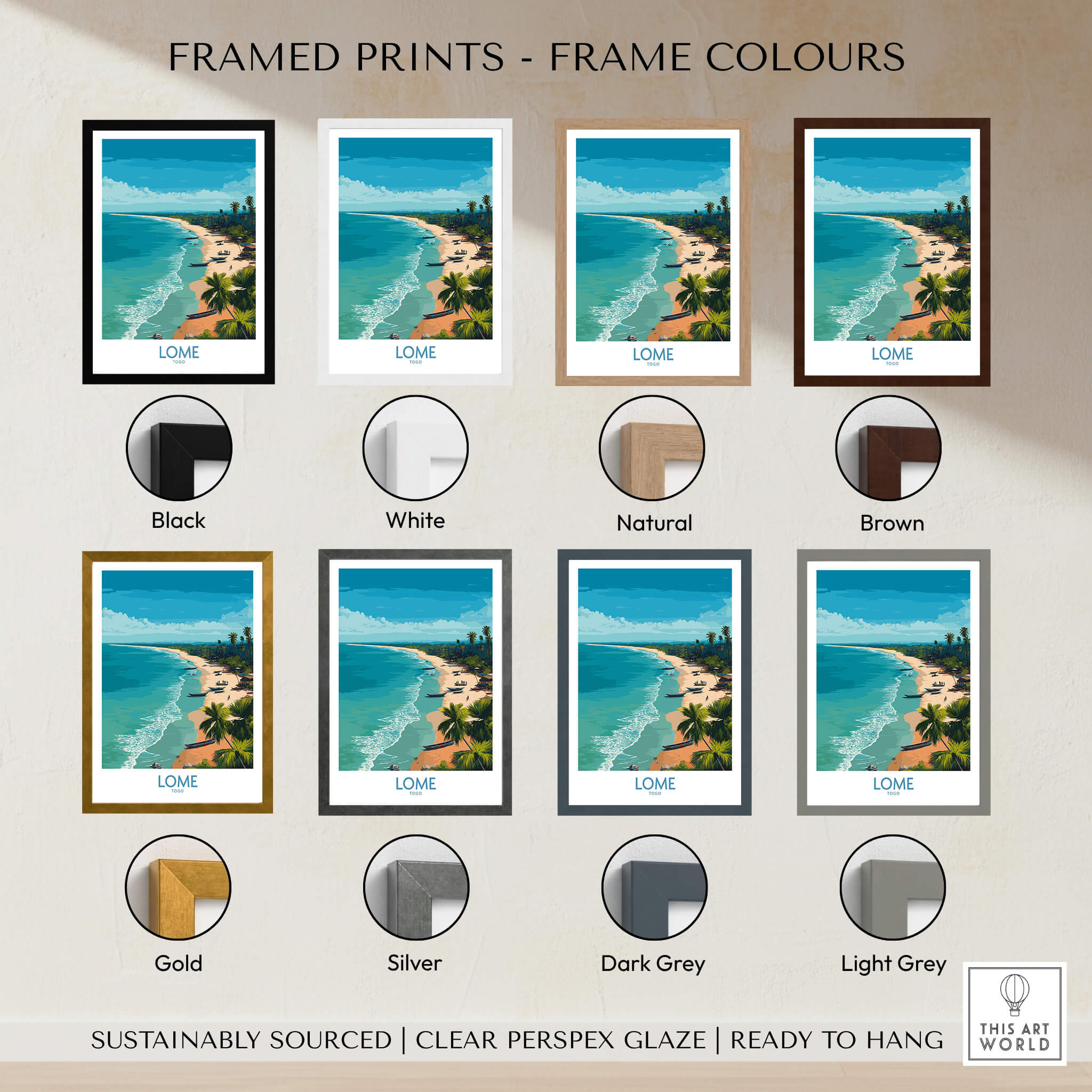 Lomé Togo Poster | West African Coastline Canvas Print framed in various colors including black, white, natural, and brown.