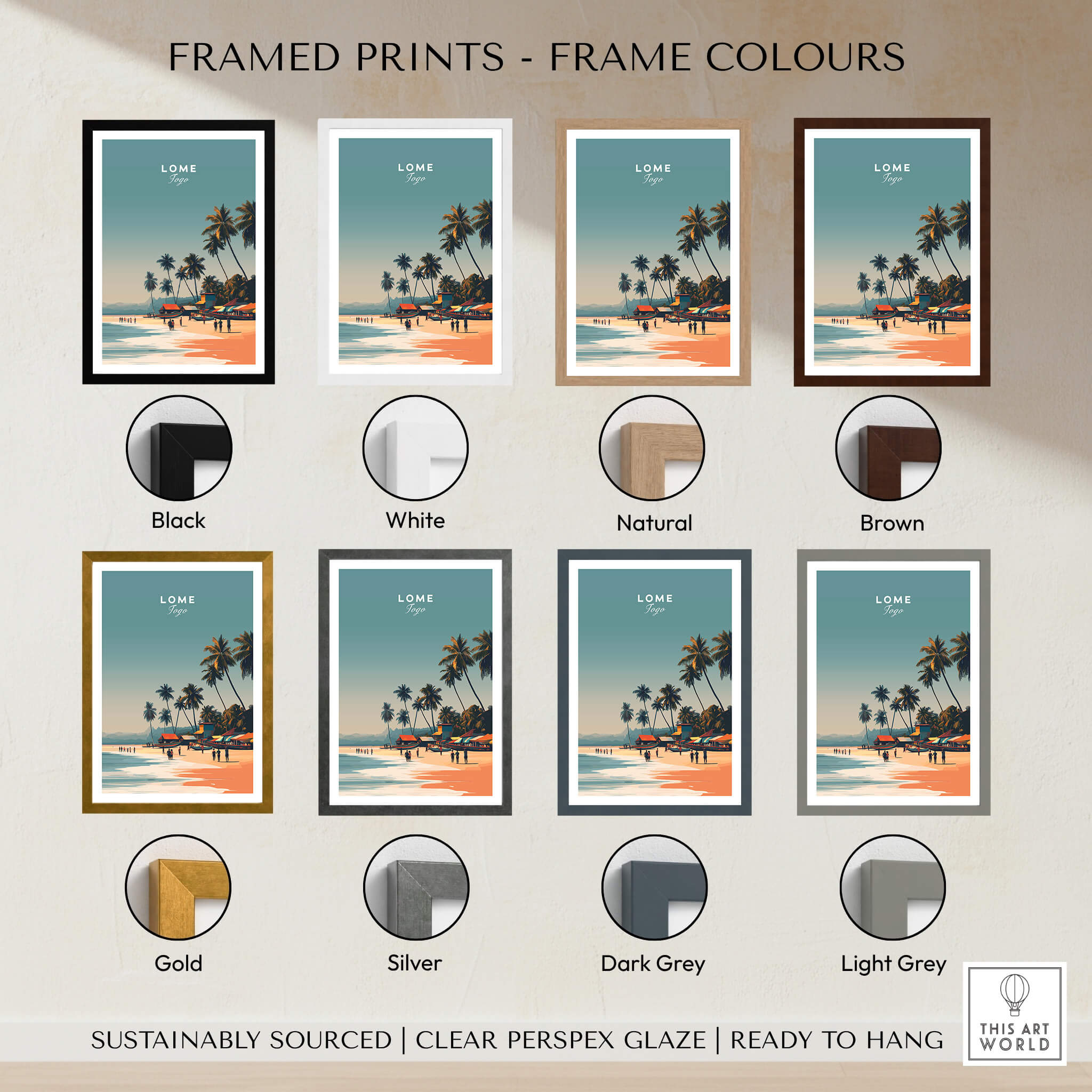 Lome Togo Poster Print Africa displayed in various frame colors including black, white, natural, brown, gold, silver, dark grey, light grey.