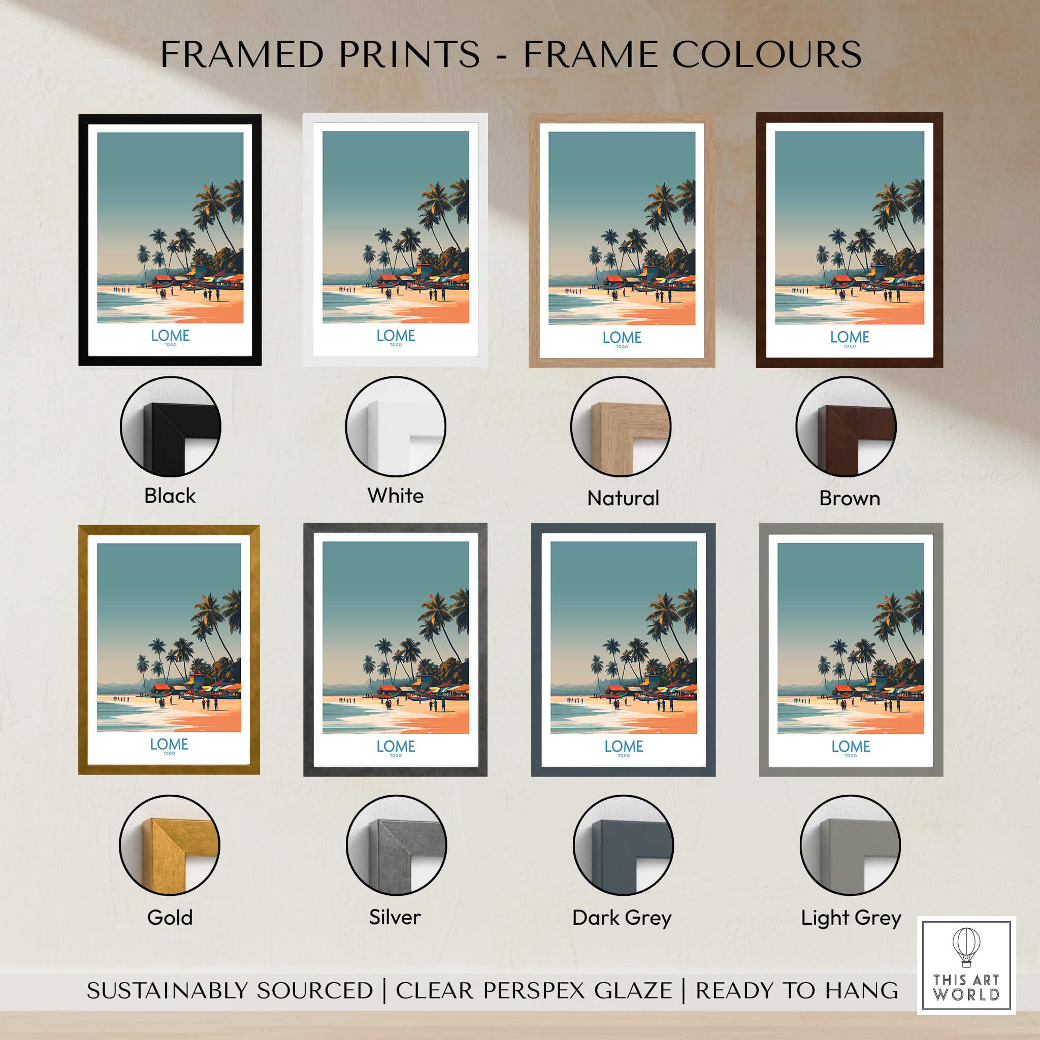 Variety of frame colors for Lome Wall Art Print Africa Travel Poster, including black, white, natural, brown, gold, and silver.