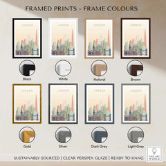 London Skyline Print | Wall Art framed in various colours including black, white, natural, brown, gold, and silver.