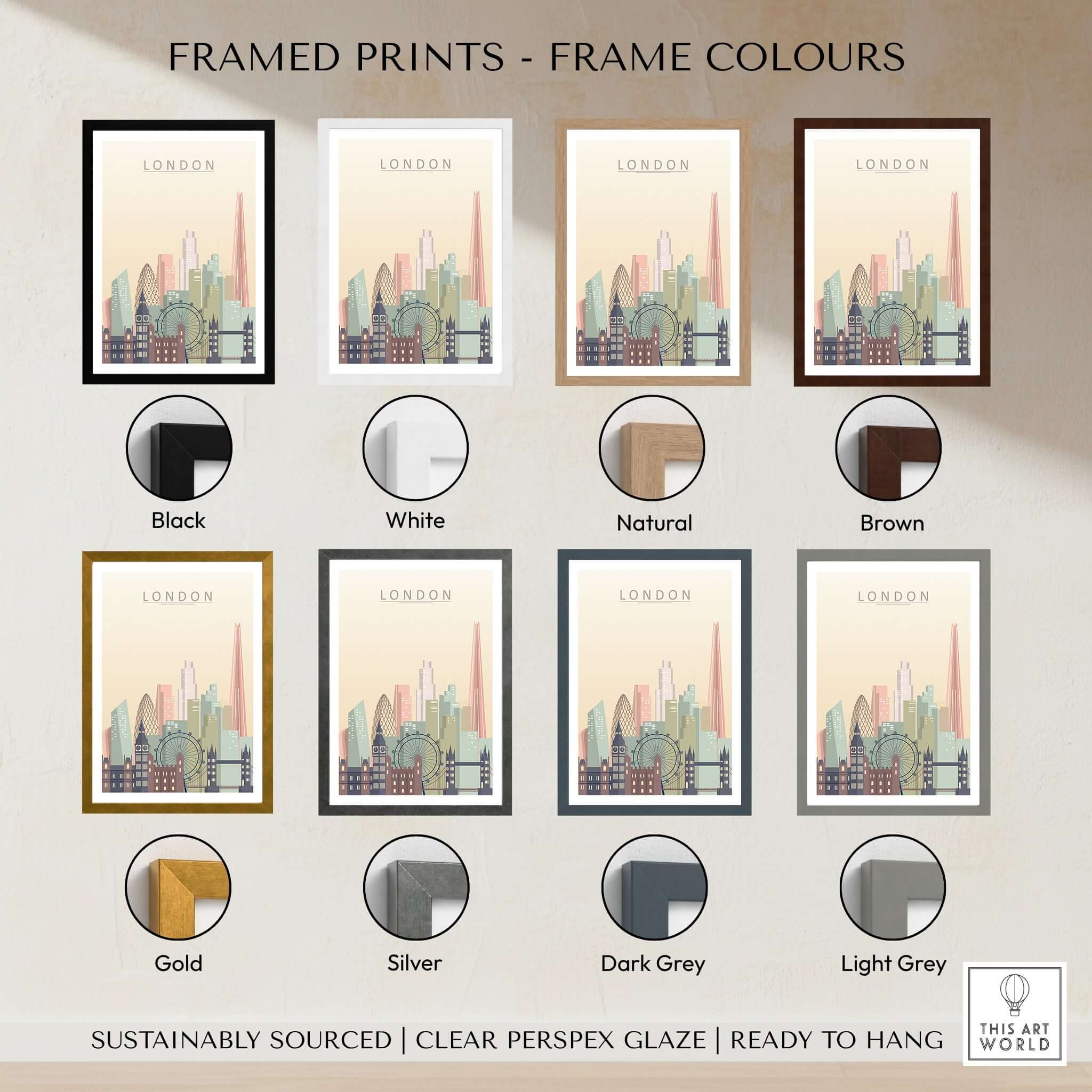 London Skyline Print | Wall Art framed in various colours including black, white, natural, brown, gold, and silver.