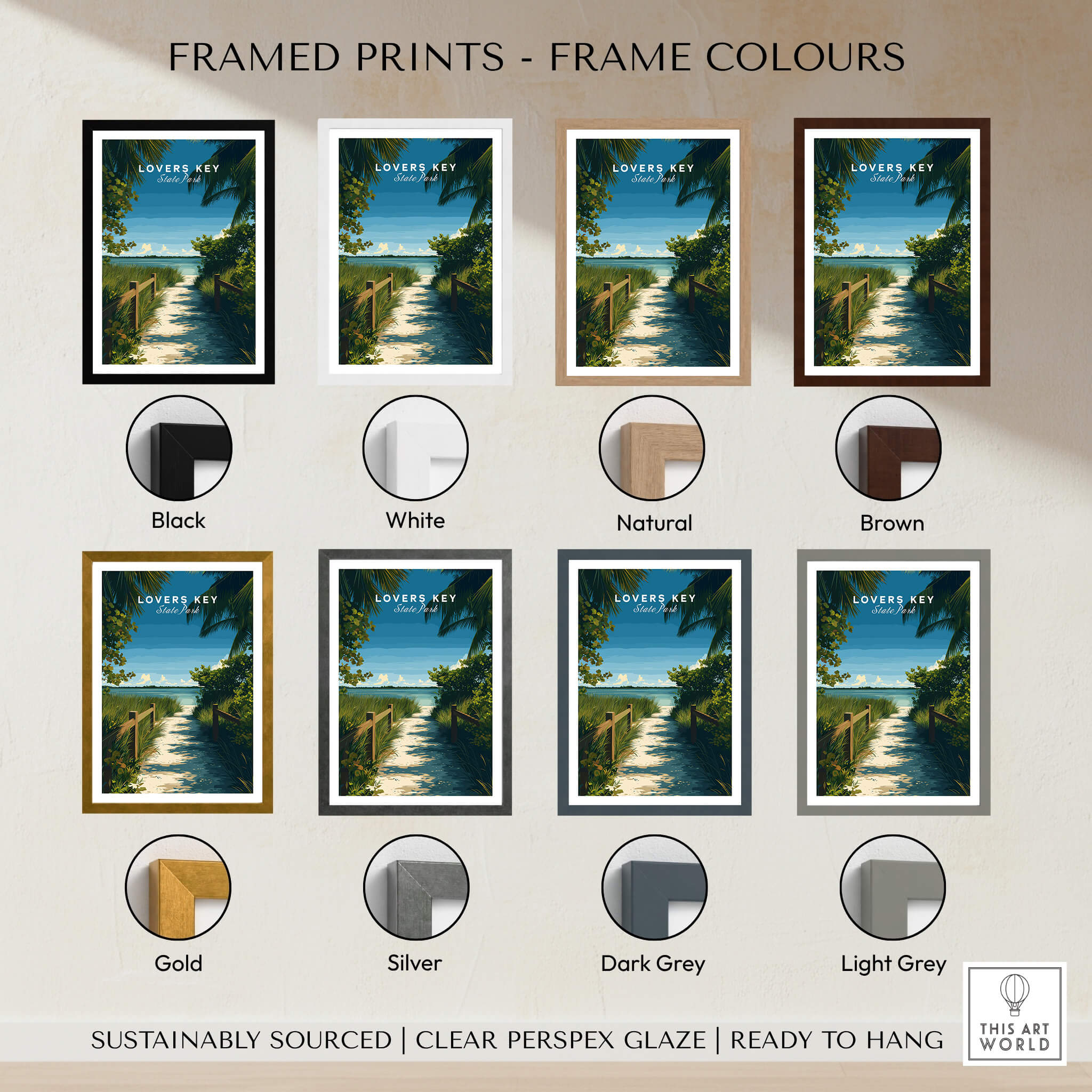 Lovers Key Florida Wall Art Print | State Park Beach Travel Poster framed in various colors including black, white, brown, and natural.