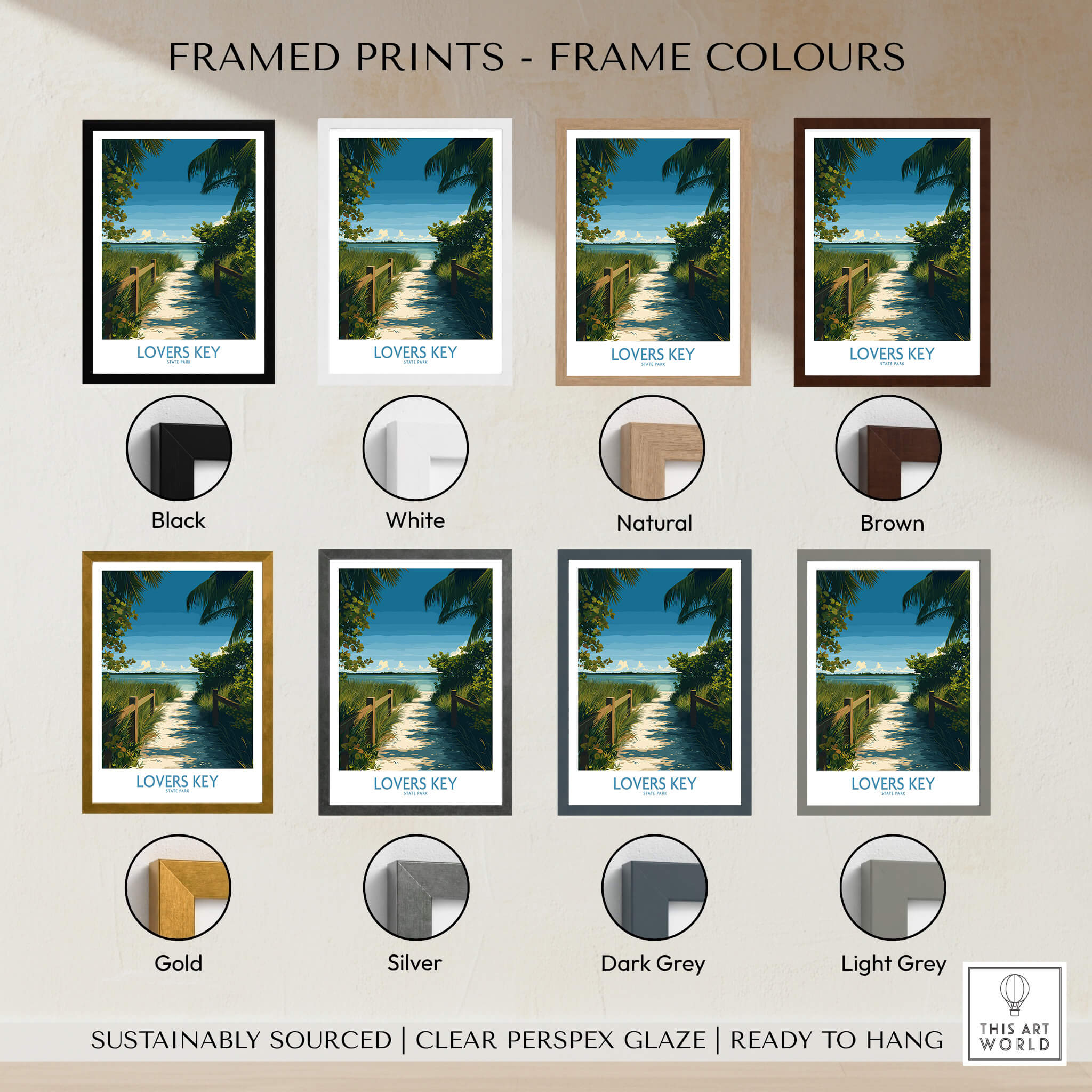 Lovers Key Florida Poster | Tropical Nature Path Canvas Print displayed in various frame colors including black, white, and natural.