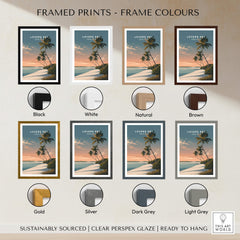 Framed Lovers Key Travel Poster | Florida Sunset Palm Trees Wall Art Print available in various frame colors.