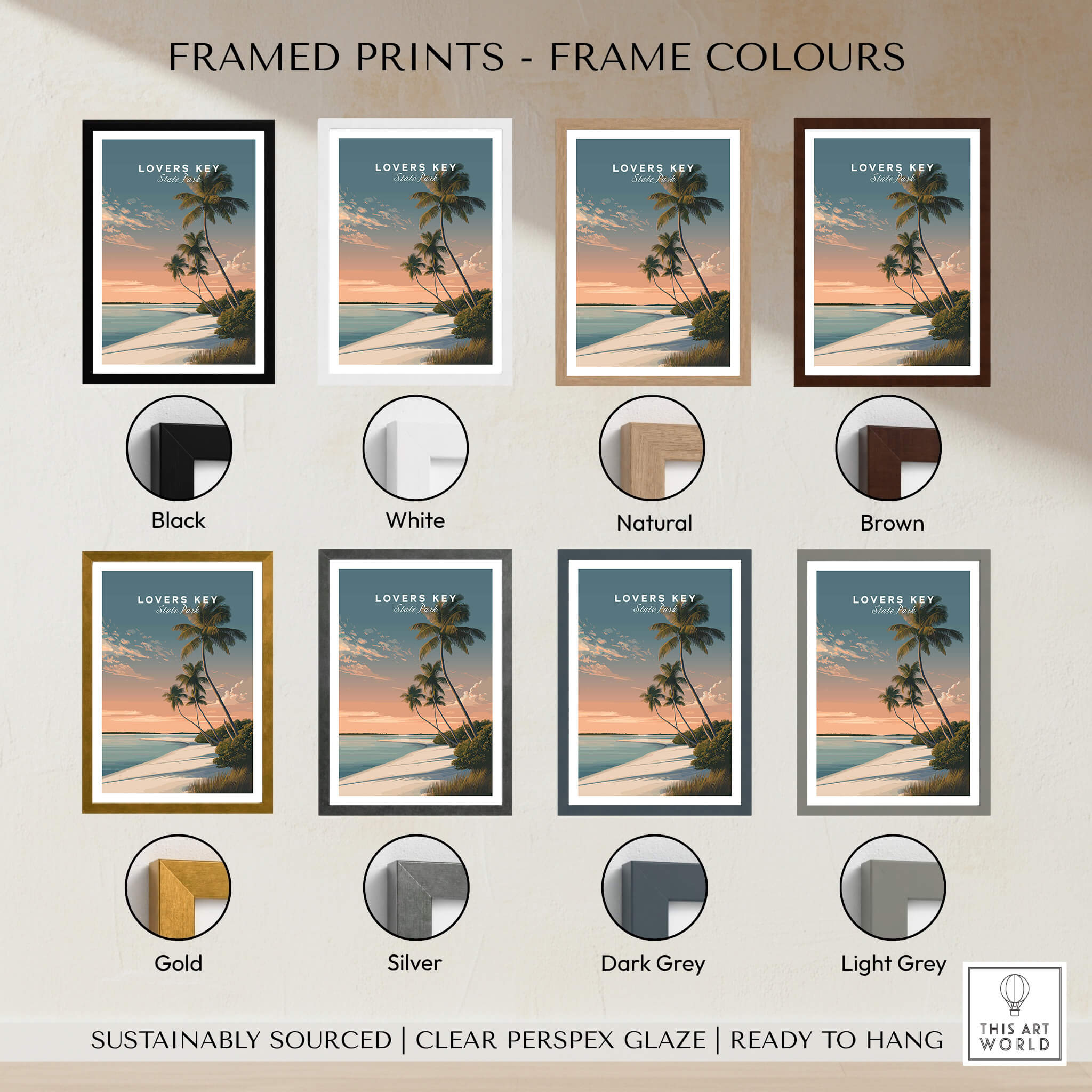 Framed Lovers Key Travel Poster | Florida Sunset Palm Trees Wall Art Print available in various frame colors.
