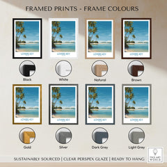 Lovers Key Poster | Florida Canvas Print framed options in various colors including black, white, brown, gold, and silver.