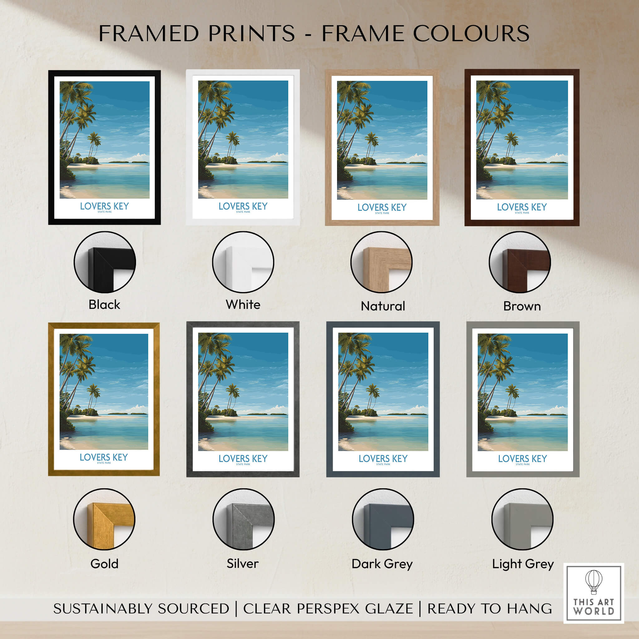 Lovers Key Poster | Florida Canvas Print framed options in various colors including black, white, brown, gold, and silver.