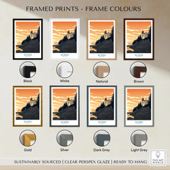 Acadia National Park travel print in various frame colors: black, white, natural, brown, gold, silver, dark grey, light grey.