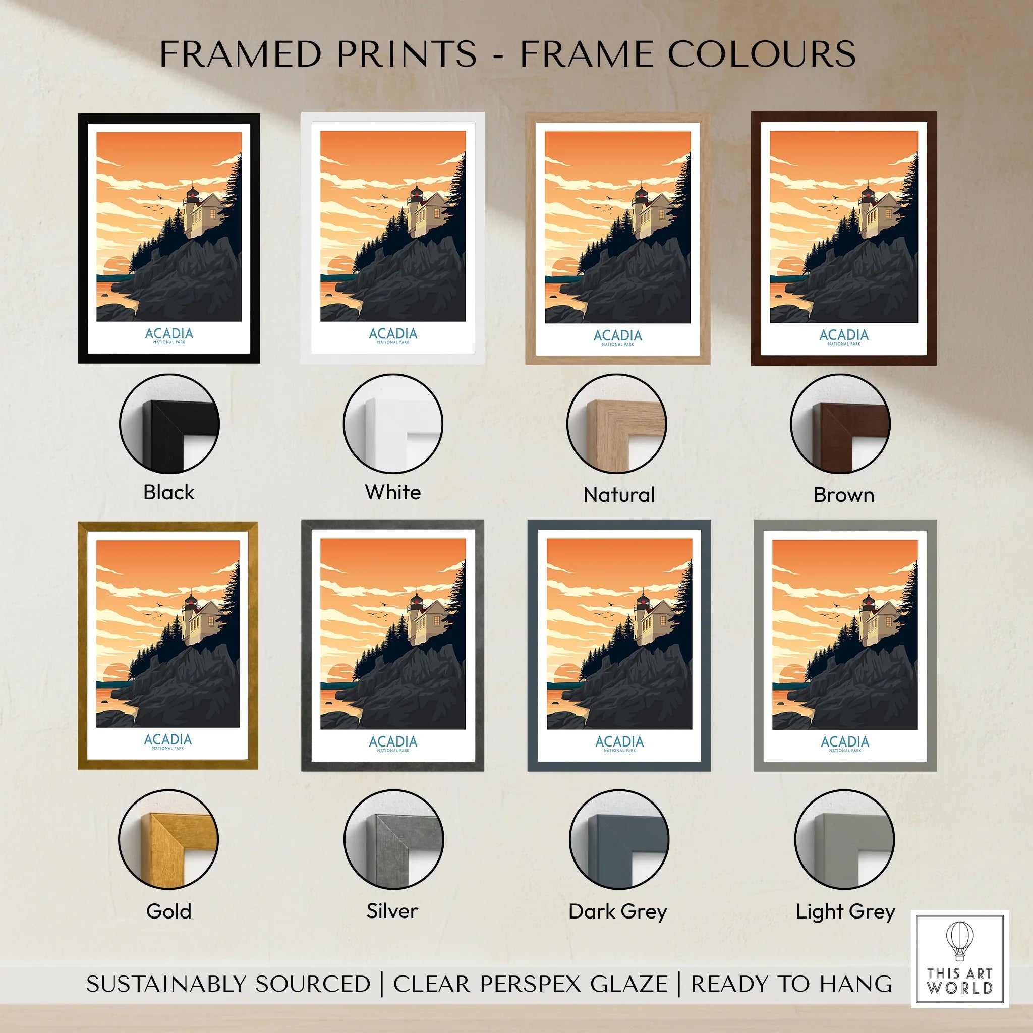 Acadia National Park travel print in various frame colors: black, white, natural, brown, gold, silver, dark grey, light grey.