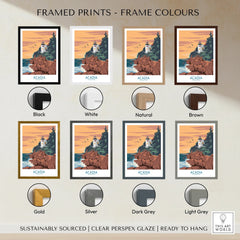 Acadia National Park travel poster framed wall art in eight frame color options, lighthouse at sunset