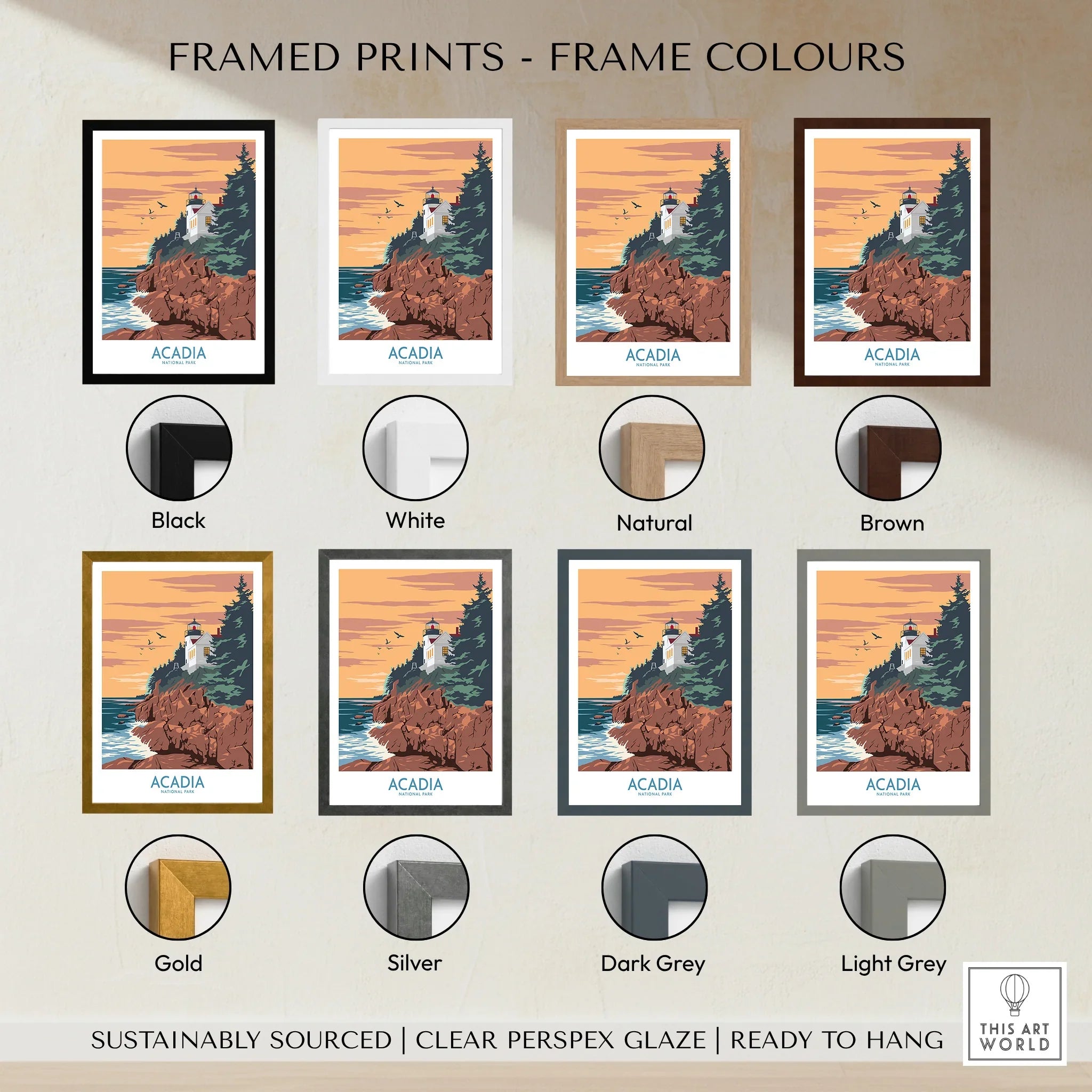 Acadia National Park travel poster framed wall art in eight frame color options, lighthouse at sunset