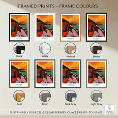 Acadia National Park art print shown in multiple frame colour options, including black, white, natural wood, brown, gold, silver, dark grey, and light grey.