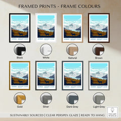 Aoraki Mount Cook framed art print showing mountain landscape, displayed in eight frame color options: black, white, natural, brown, gold, silver, dark grey, and light grey.