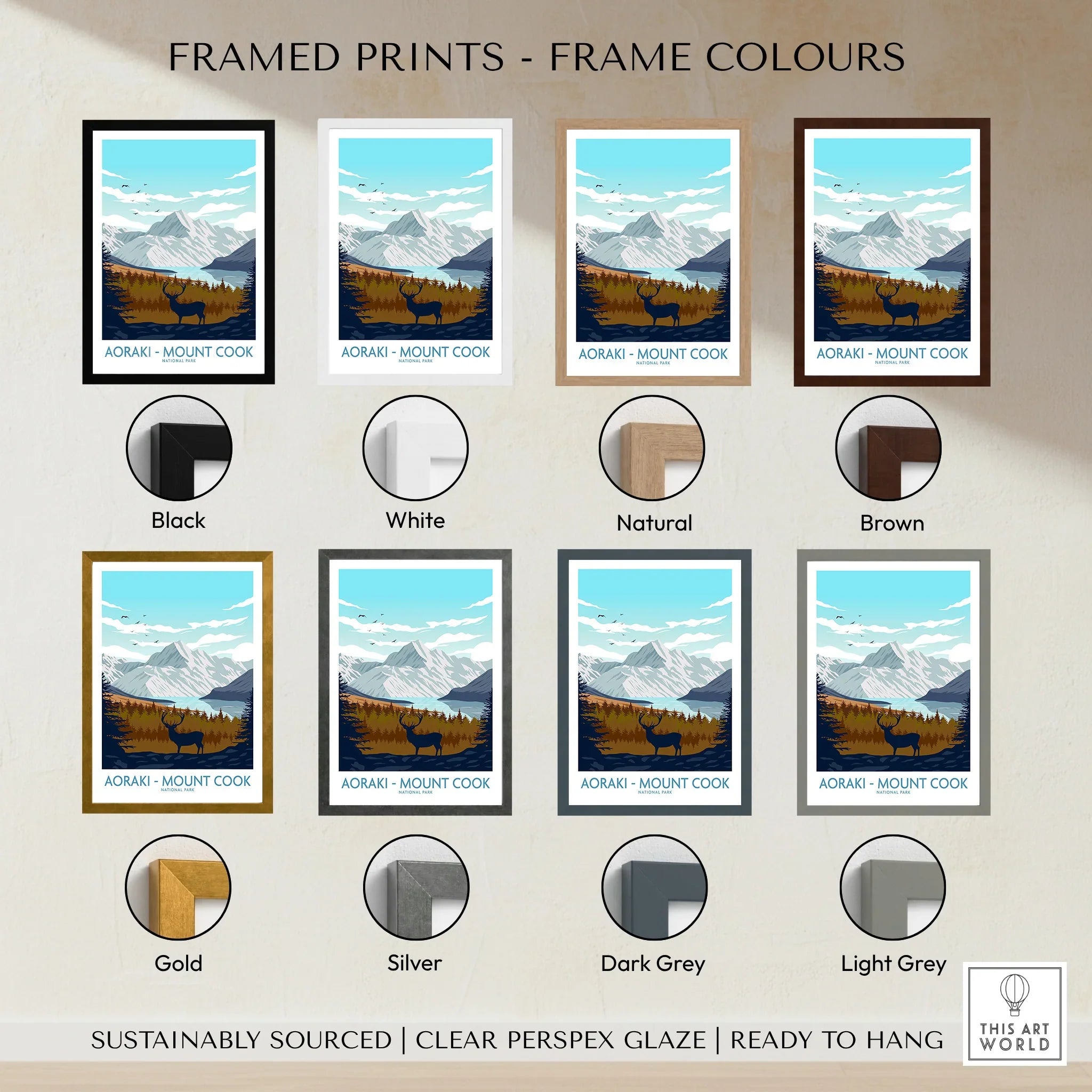 Aoraki Mount Cook framed art print showing mountain landscape, displayed in eight frame color options: black, white, natural, brown, gold, silver, dark grey, and light grey.