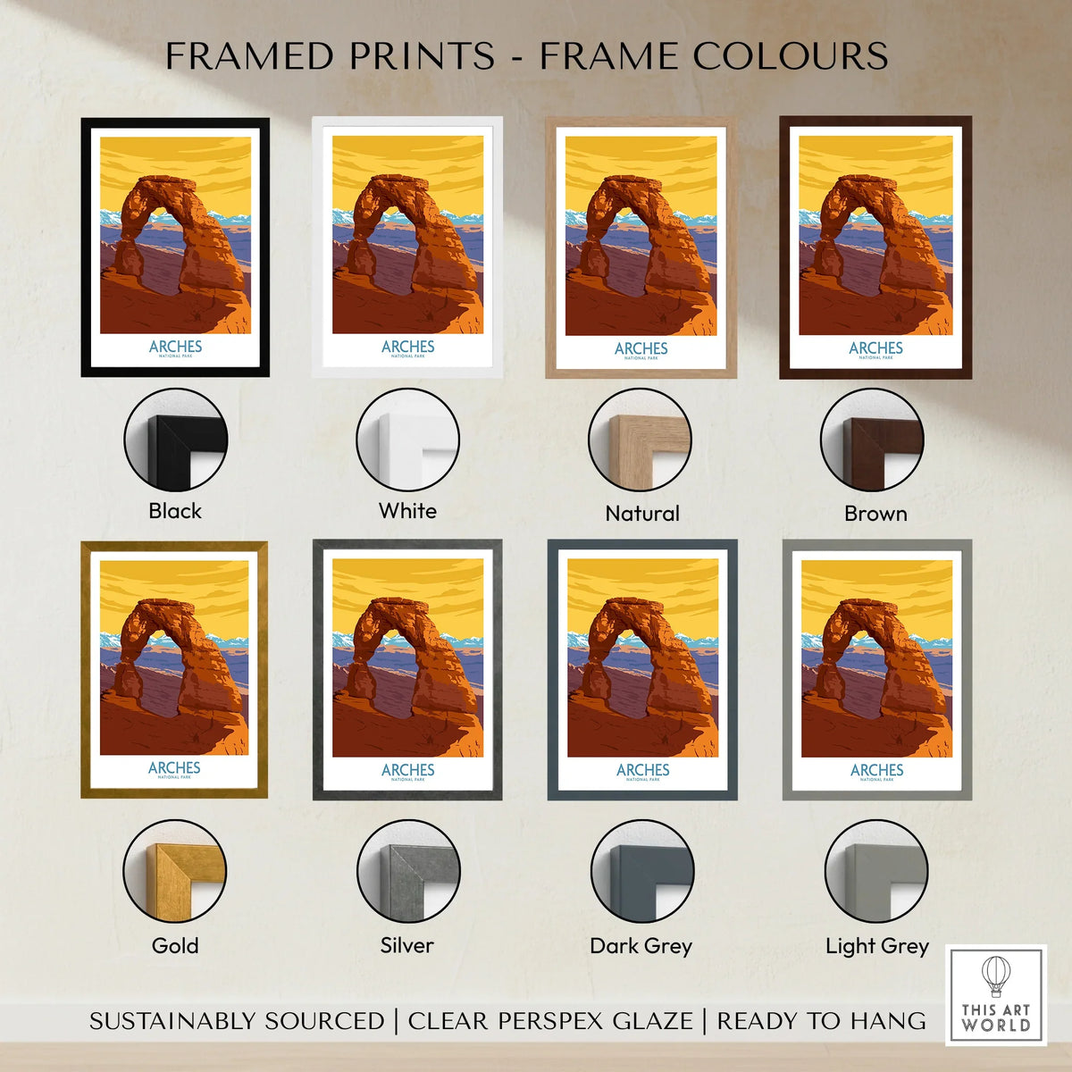 Arches National Park print in seven frame color options: black, white, natural, brown, gold, silver, dark grey, light grey.
