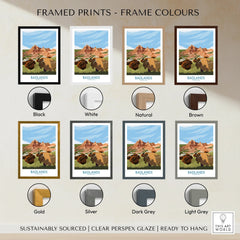 Badlands National Park travel print with bison, shown in eight frame color options.