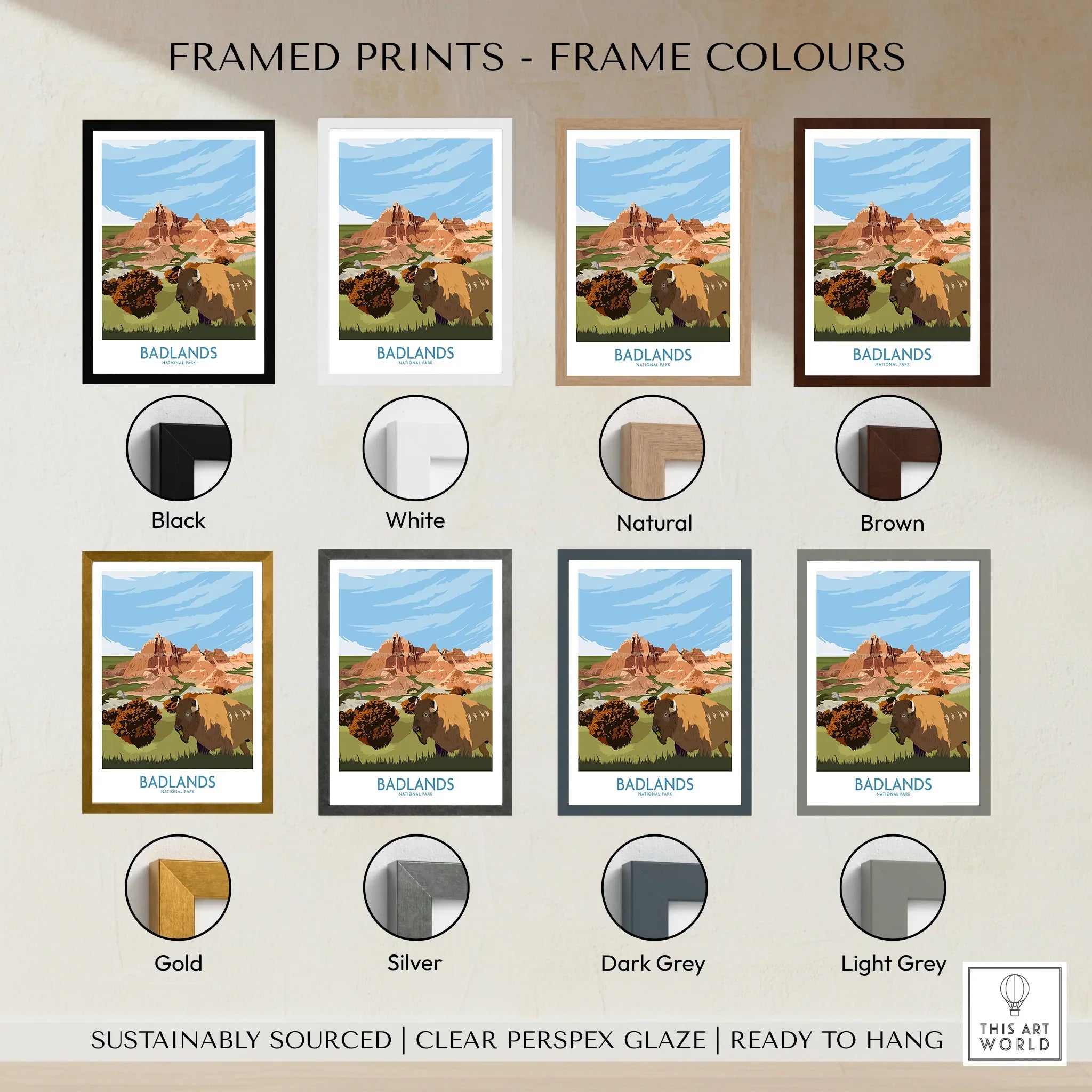Badlands National Park travel print with bison, shown in eight frame color options.