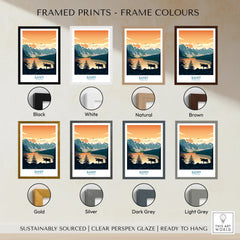 Banff National Park art print with elk, lake, and mountains in seven frame color options
