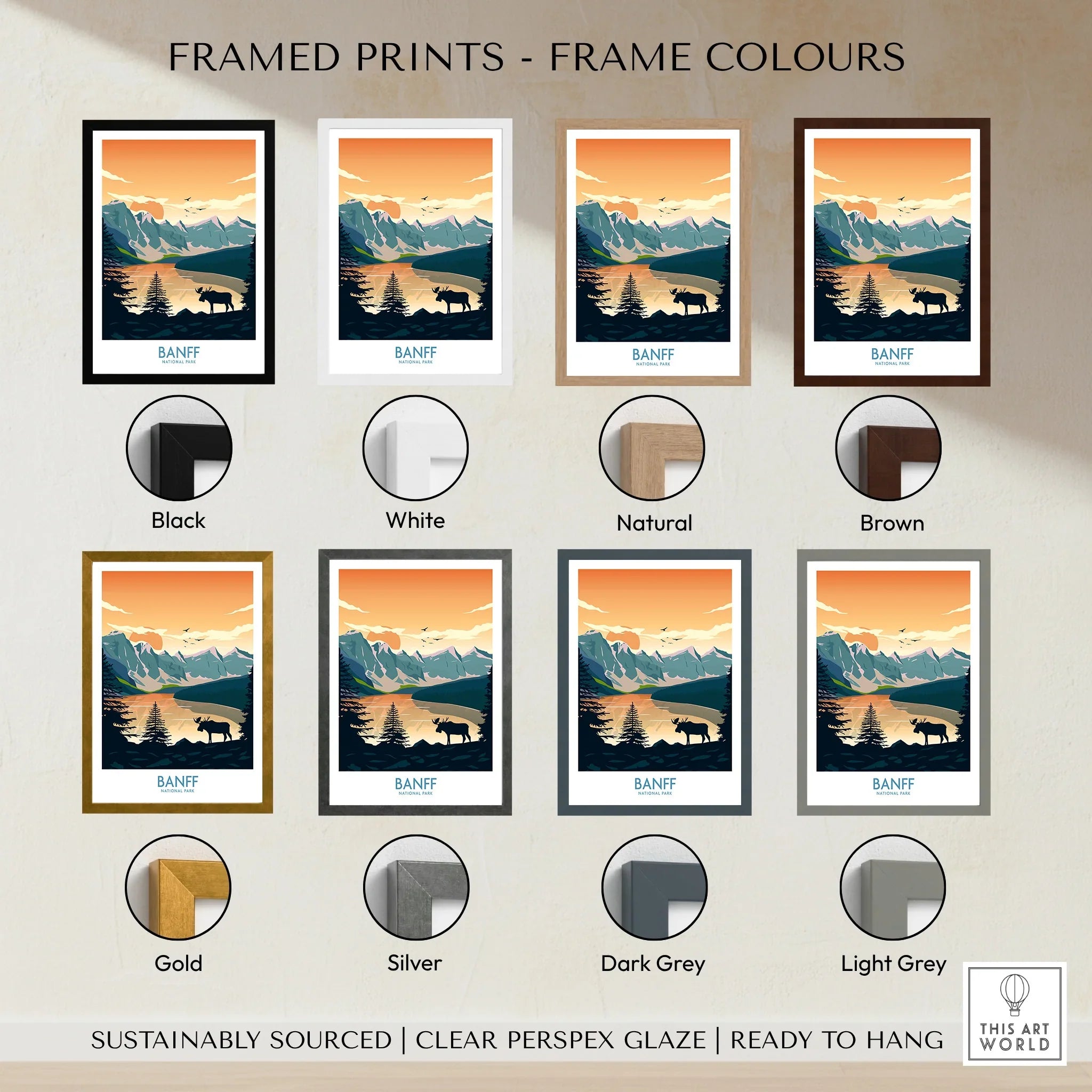 Banff National Park art print with elk, lake, and mountains in seven frame color options
