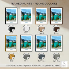 Framed Banff National Park art print with multiple frame color options, mountain landscape wall art.