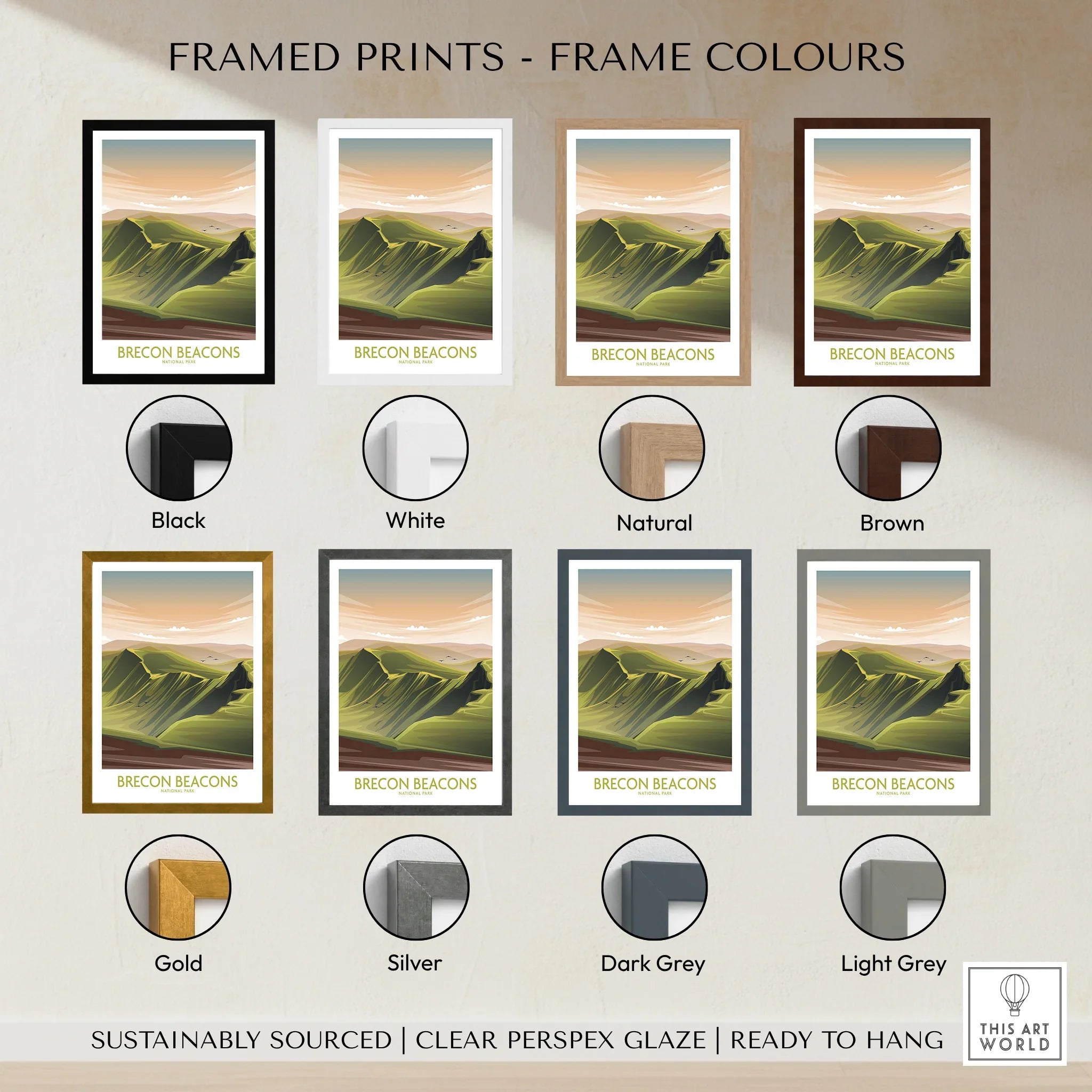 Brecon Beacons framed travel print wall art in eight frame colour options, landscape illustration.