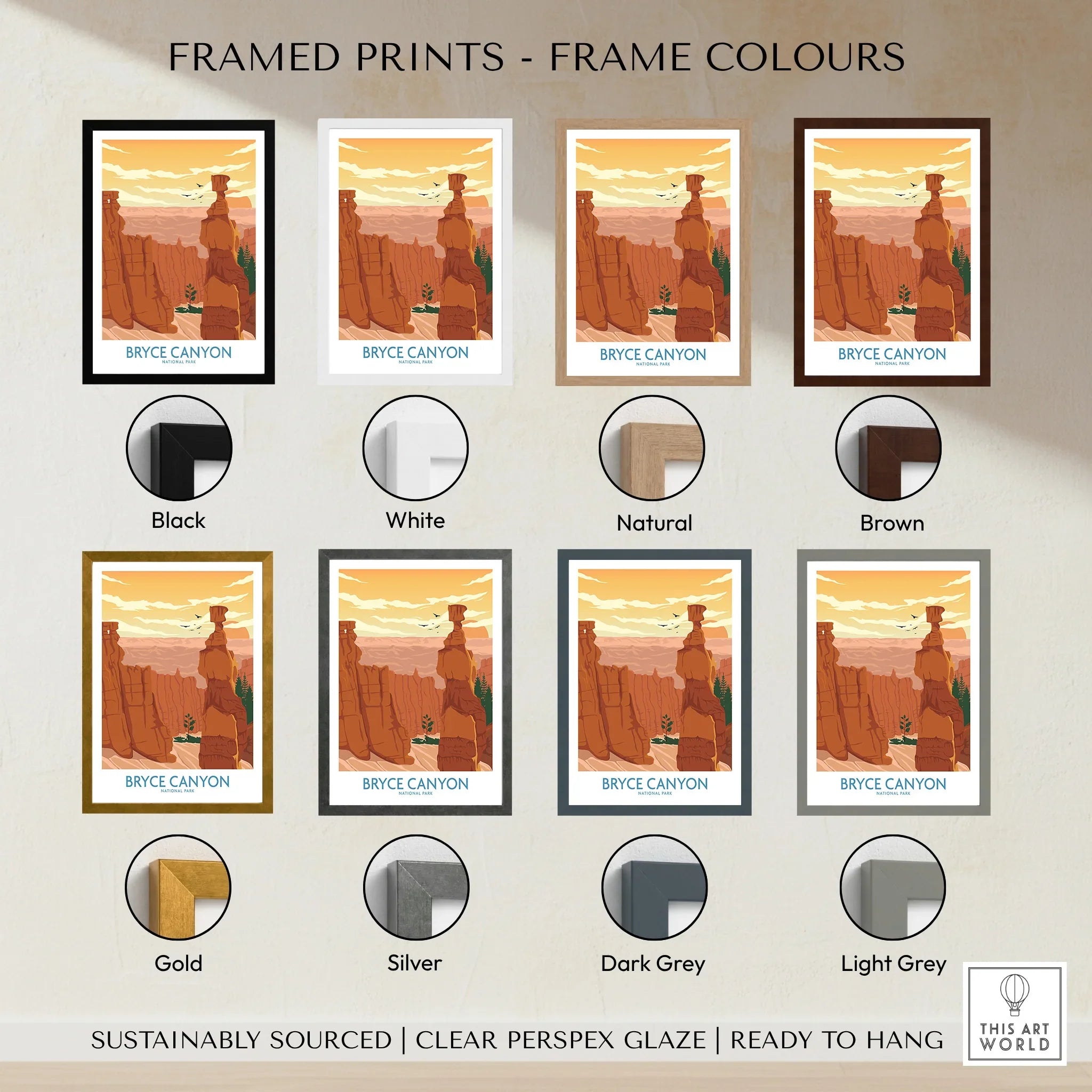 Bryce Canyon National Park framed wall art print shown in eight frame color options.