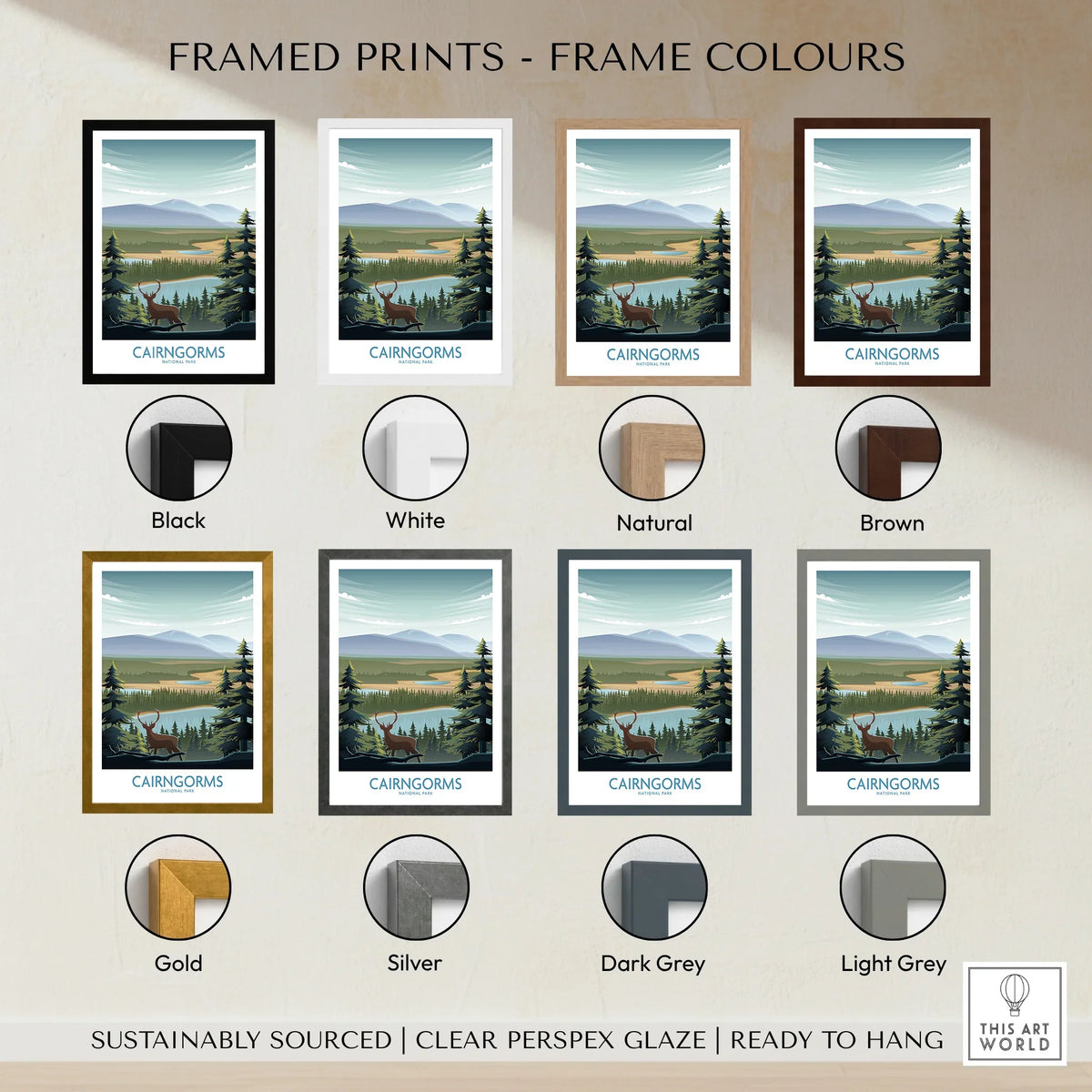 Cairngorms National Park art print shown with eight frame color options: black, white, natural, brown, gold, silver, dark grey, and light grey.