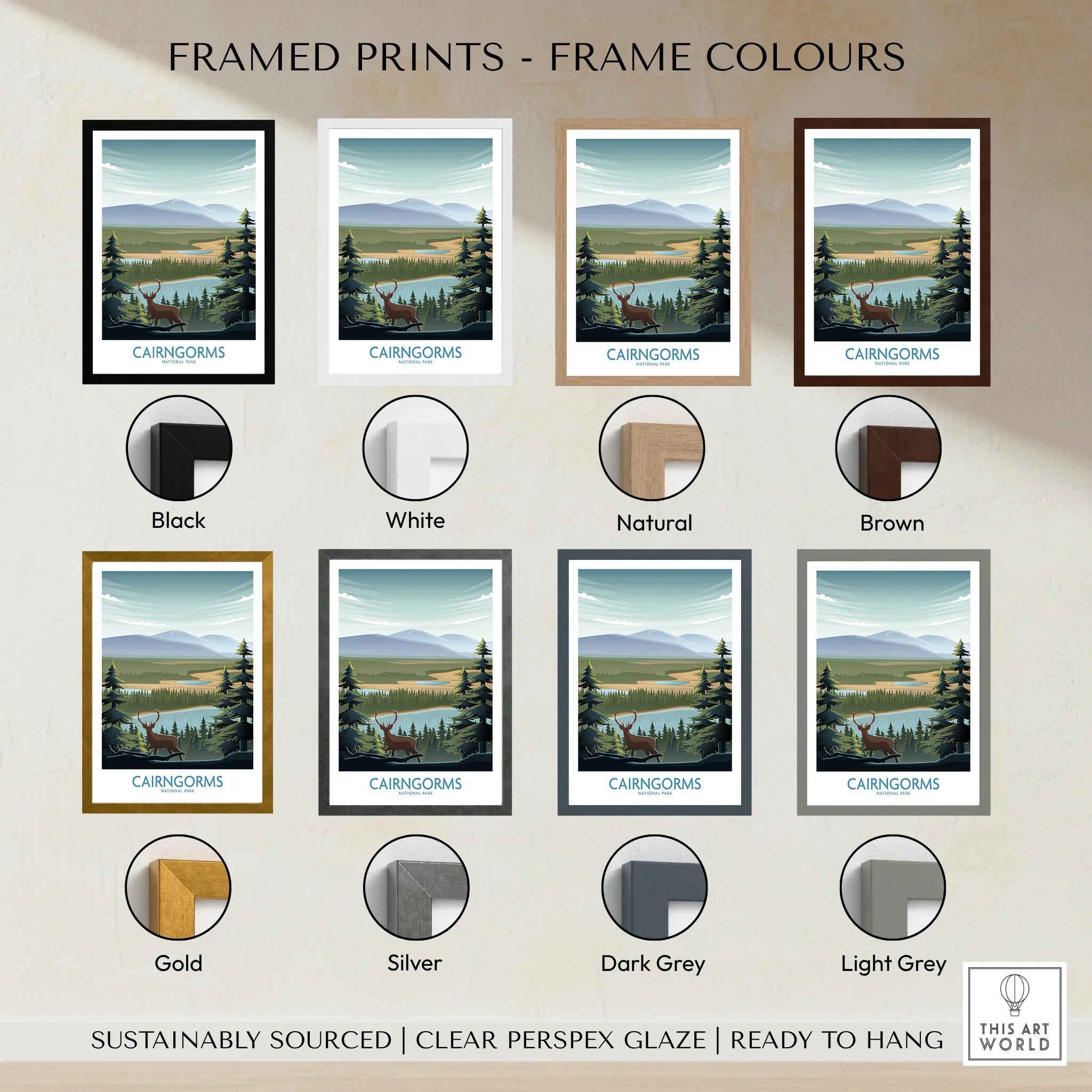 Cairngorms National Park art print shown with eight frame color options: black, white, natural, brown, gold, silver, dark grey, and light grey.