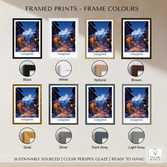 Chamonix Print displayed in various frame colors including black, white, natural, brown, gold, silver, dark grey, and light grey.