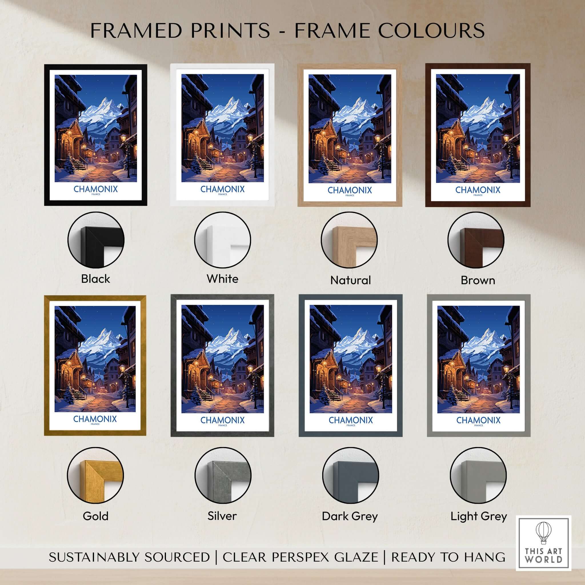 Chamonix Print displayed in various frame colors including black, white, natural, brown, gold, silver, dark grey, and light grey.