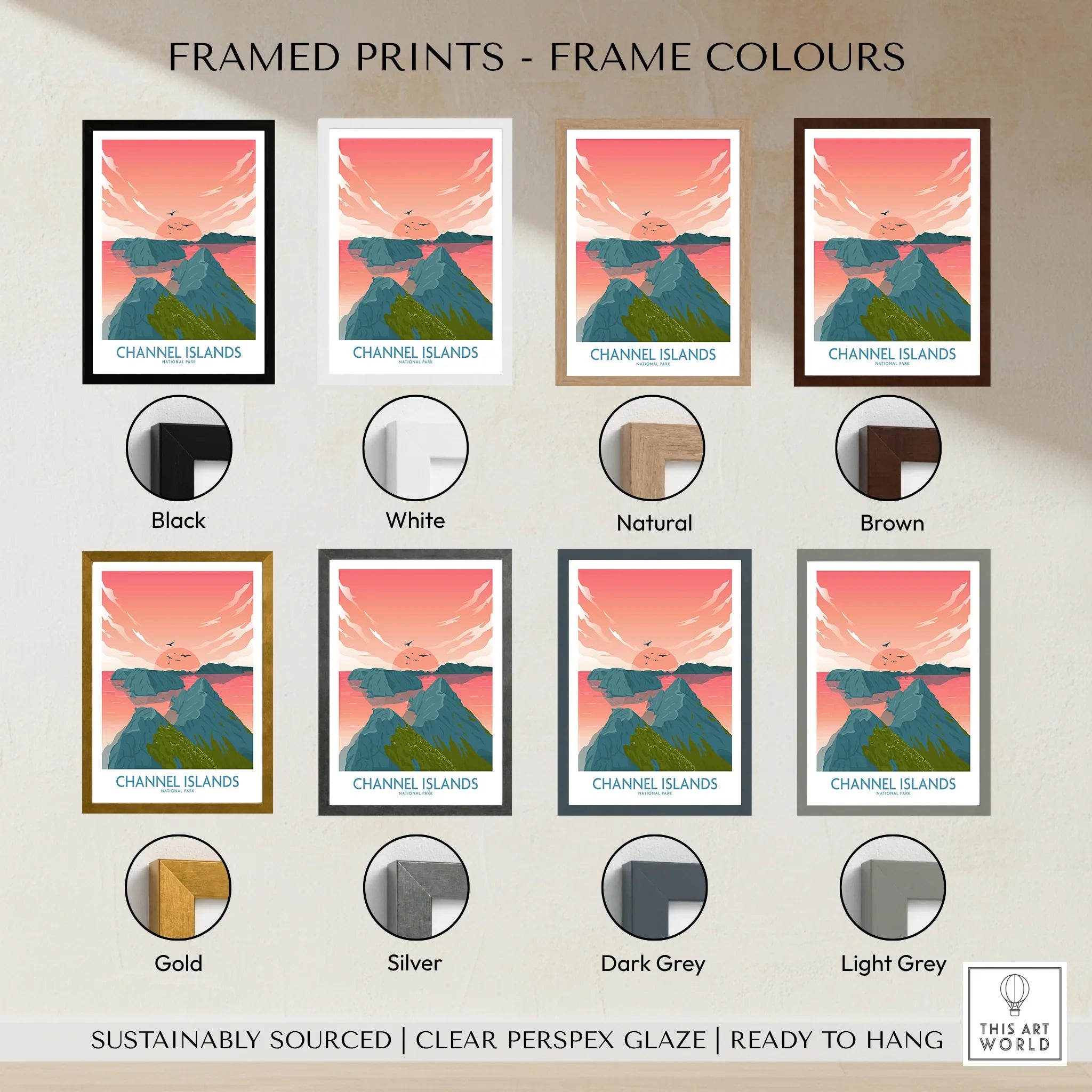 Channel Islands travel poster framed print in eight frame colors, coastal sunset art