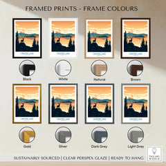Crater Lake National Park framed art print in eight frame color options, sunset landscape design.