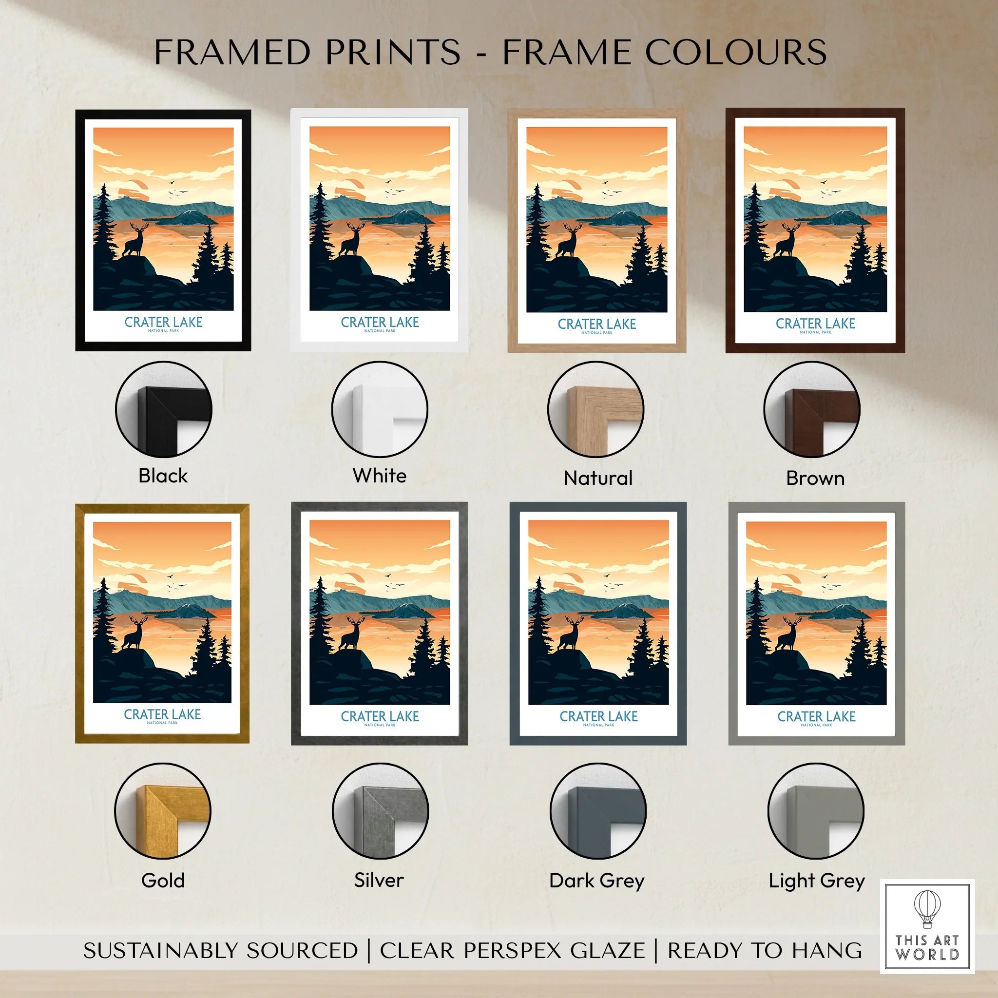 Crater Lake National Park framed art print in eight frame color options, sunset landscape design.