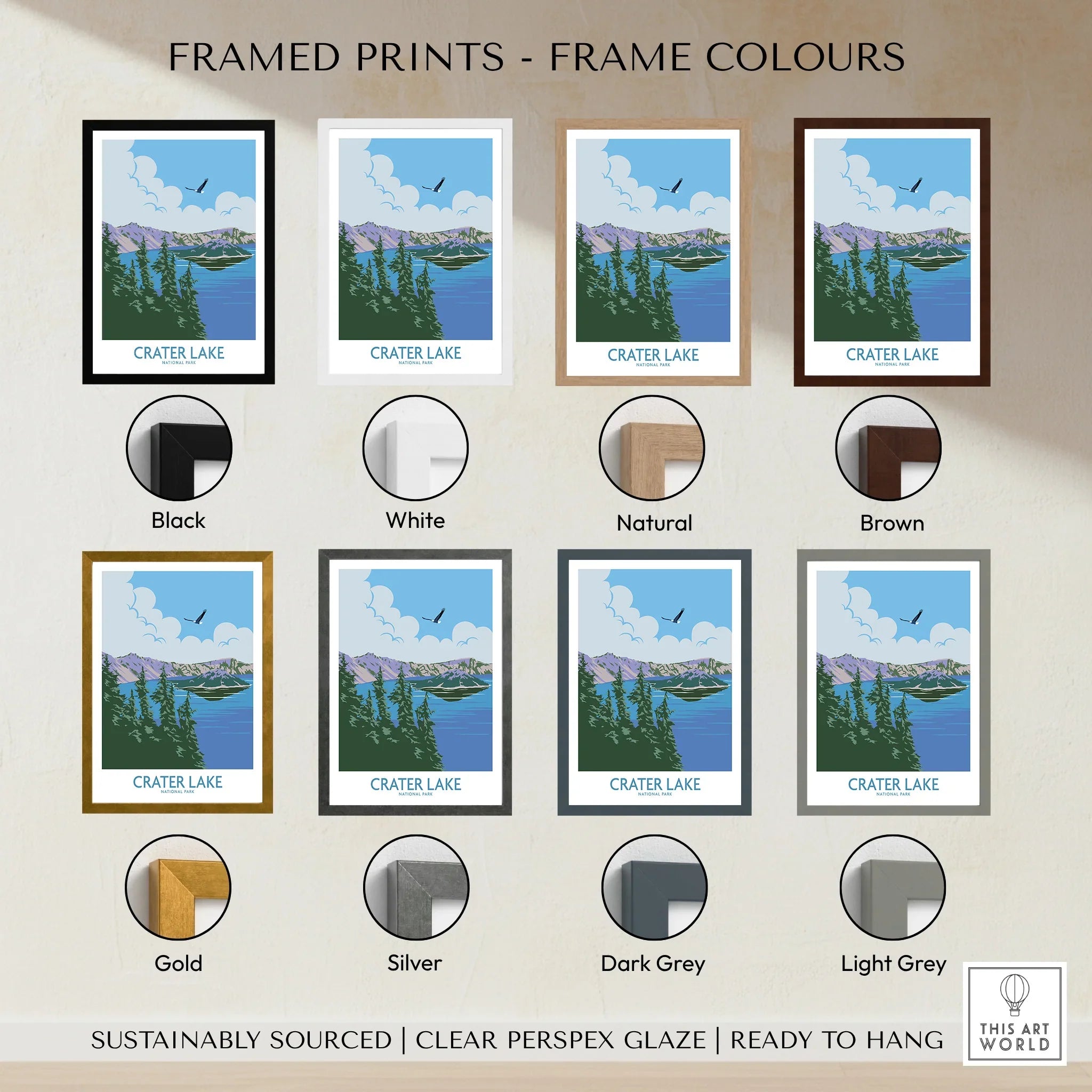 Framed Crater Lake art print with eight frame color options, including black, white, natural, brown, gold, silver, dark grey, and light grey.