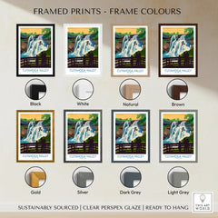 Cuyahoga Valley framed art print with waterfall scene, shown in eight frame colors.