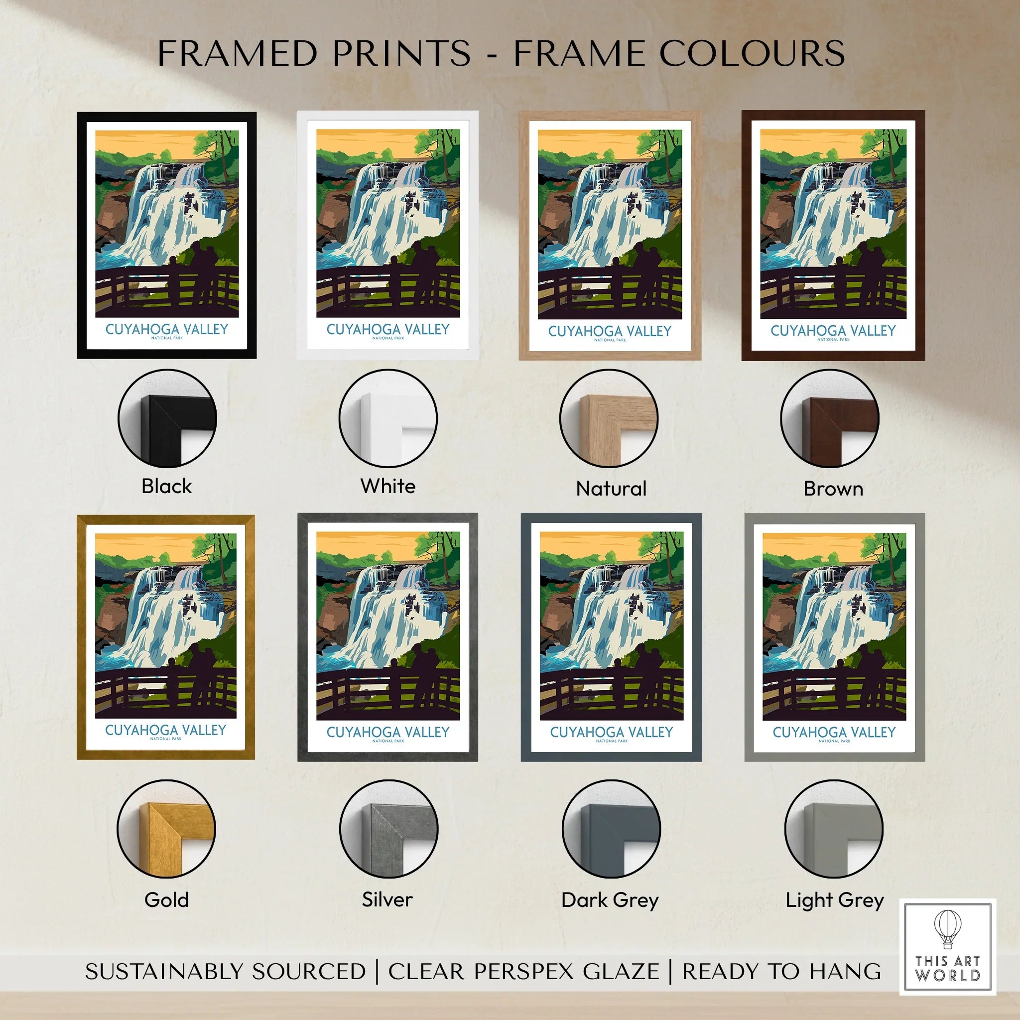 Cuyahoga Valley framed art print with waterfall scene, shown in eight frame colors.