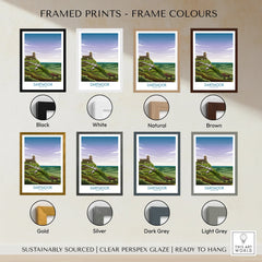 Dartmoor travel poster framed art print in eight frame colour options including black, white, natural, brown, gold, silver, dark grey, and light grey.
