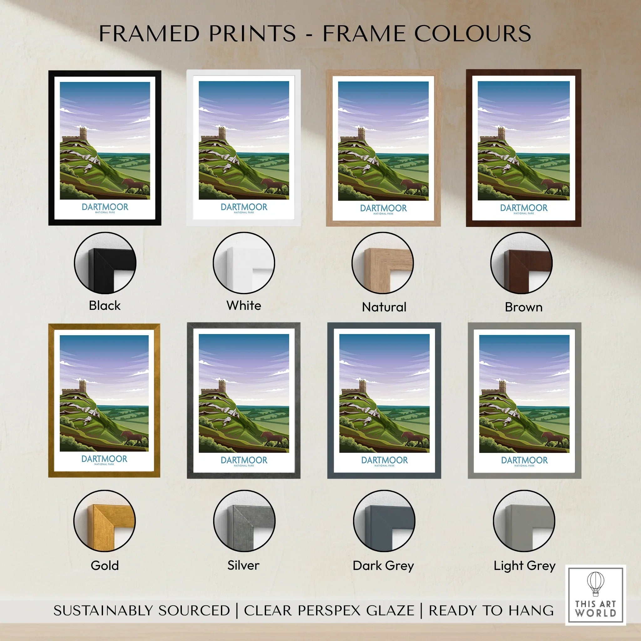 Dartmoor travel poster framed art print in eight frame colour options including black, white, natural, brown, gold, silver, dark grey, and light grey.