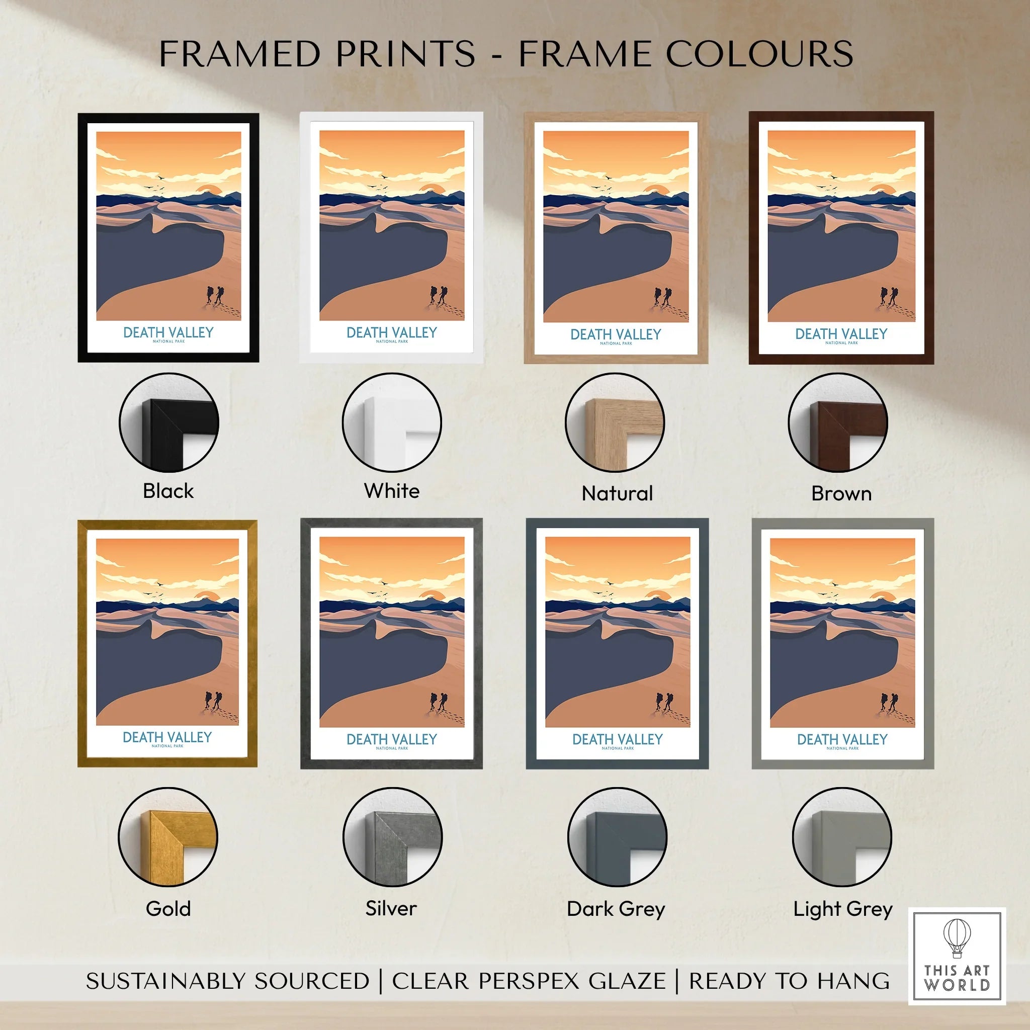Framed Death Valley National Park print wall art in eight frame color options