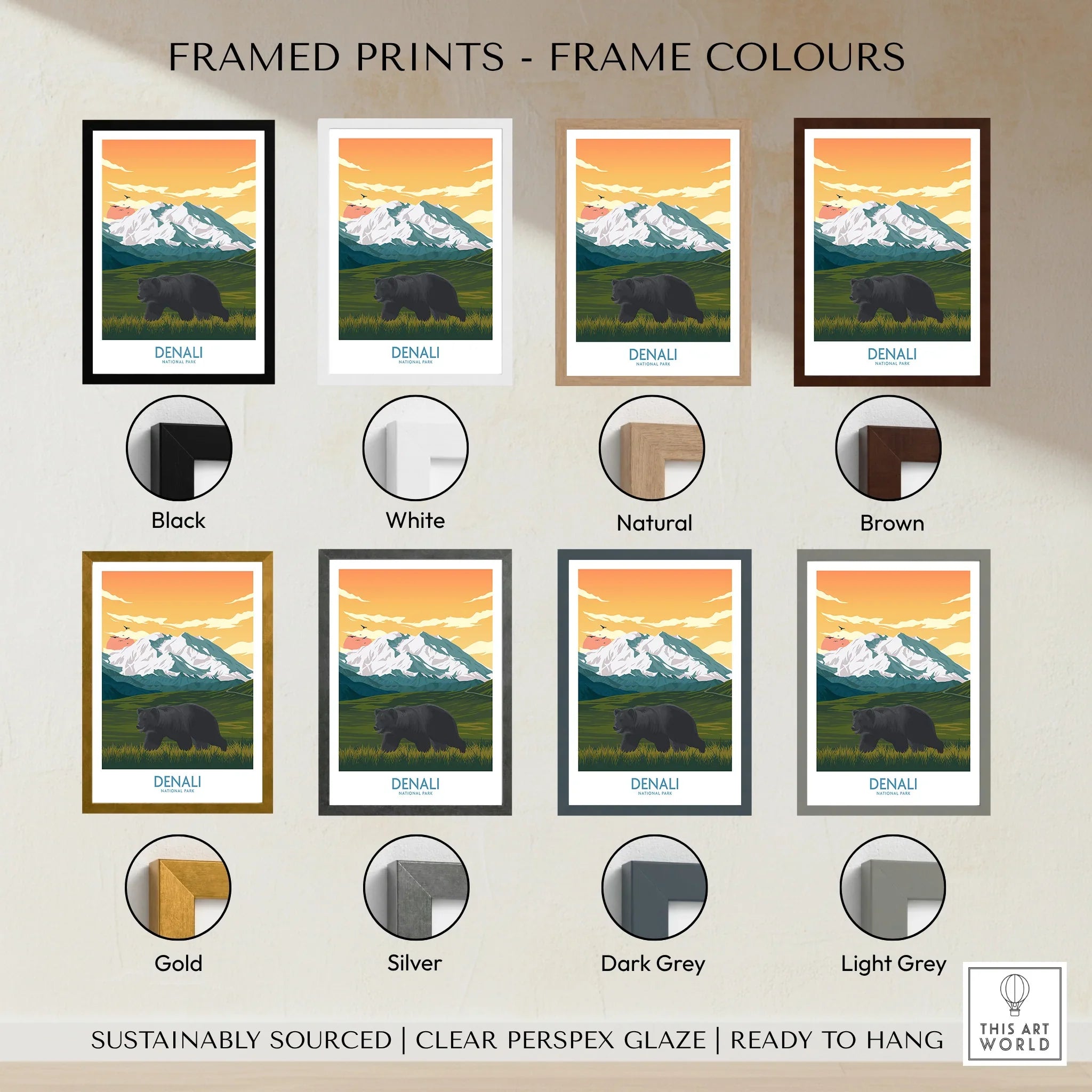 Denali National Park art print with bear and mountains, shown in eight frame color options