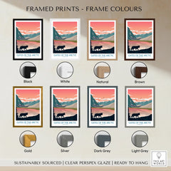 Gates of the Arctic print with mountain landscape, bear silhouette, shown in eight frame colours